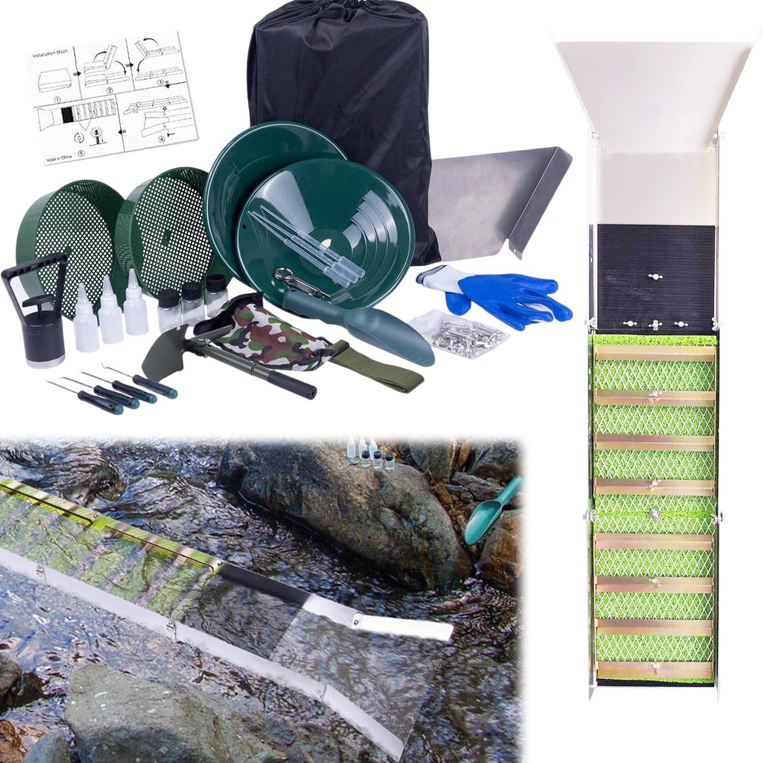 27 Stück Komplettes Goldwaschset, Tragbar Gold Waschanlage mit 50-Zoll-Faltschleusenkasten, Aluminiumlegierung Goldwaschrinne Komplettset mit Goldwaschbecken, für den Goldabbau in Flüssen, Bächen