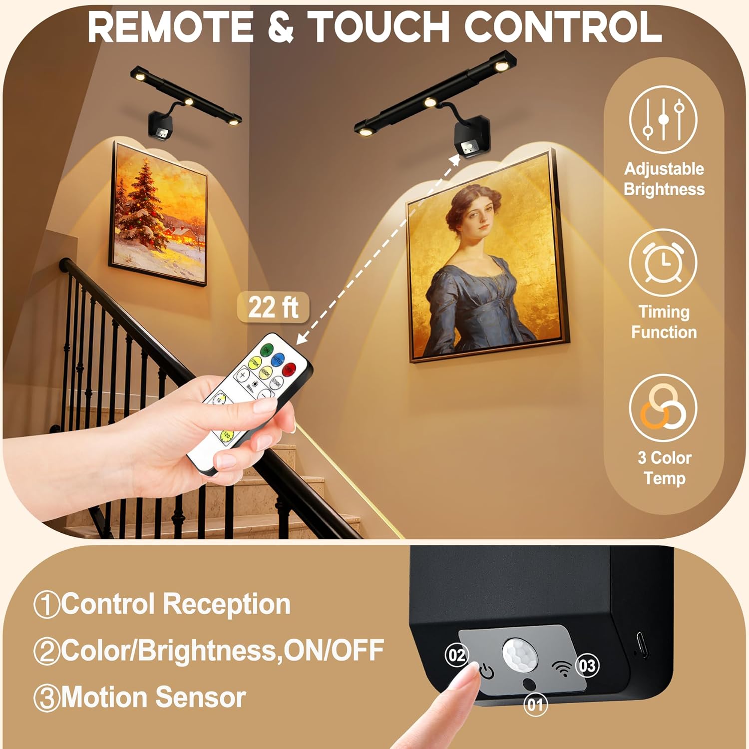 FluSing Motion Sensor Wireless Picture Lights for Wall, Dimmable Battery Operated Picture Light with Timer, Extendable Painting Light with Remote, 3 Color Temp, Rotatable Wall Art Light for Paintings