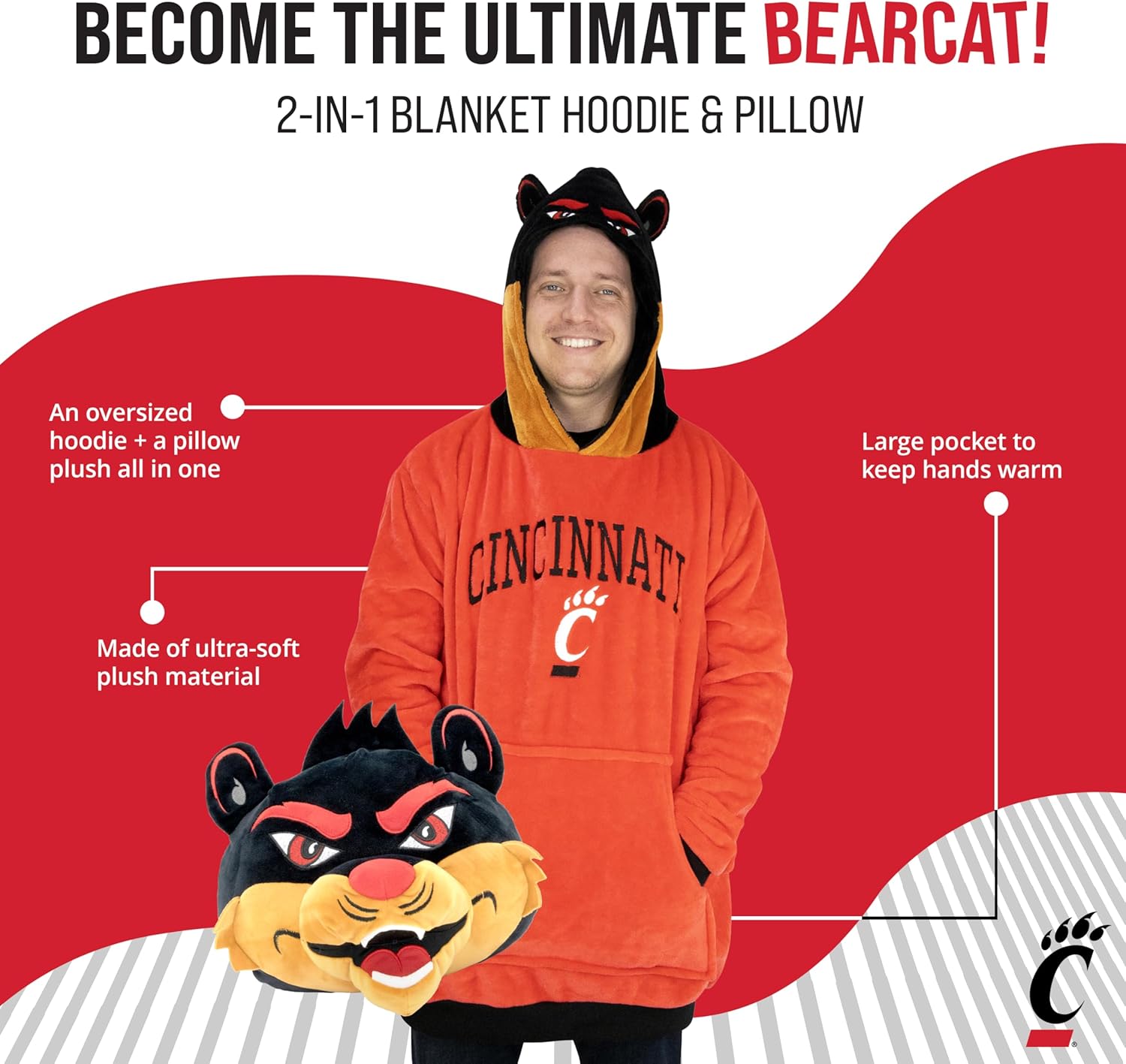 Plushible Wearable Blanket Hoodie - Oversized University of Cincinnati Bear Cats Long Sleeve Sweatshirt Pocket - 2-in-1 Oversized Hoodie Blanket Pillow - Cozy Snugible Gifts for Men and Women