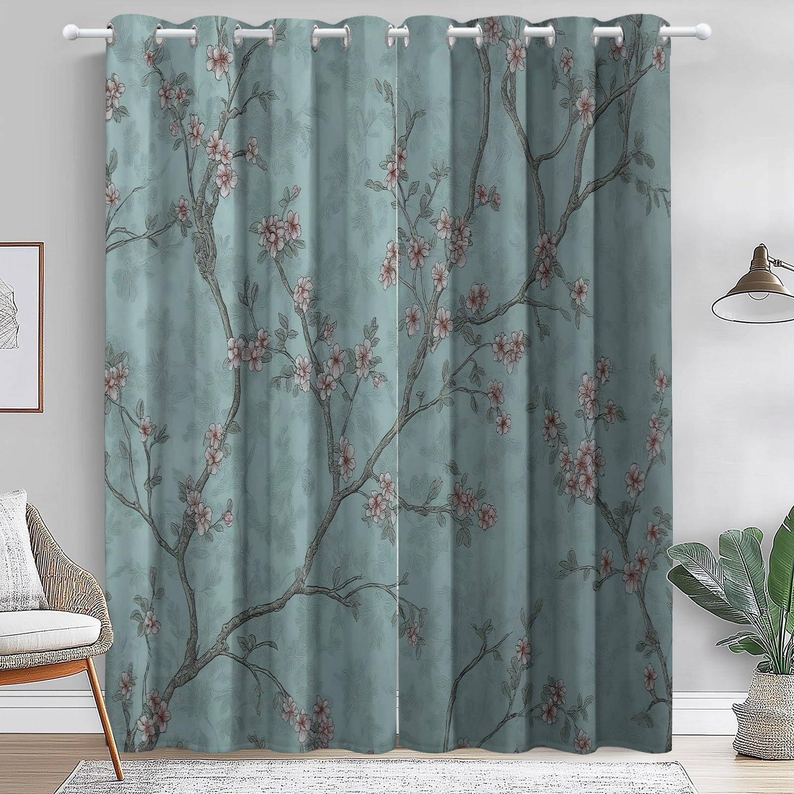 Izolowana termicznie zasłona - Zasłony zaciemniające Eleganckie chińskie gałęzie kwiatowe zasłony dekoracyjne do okna salonu, 70 l x 240 cm (2 panele), jasnoniebieski