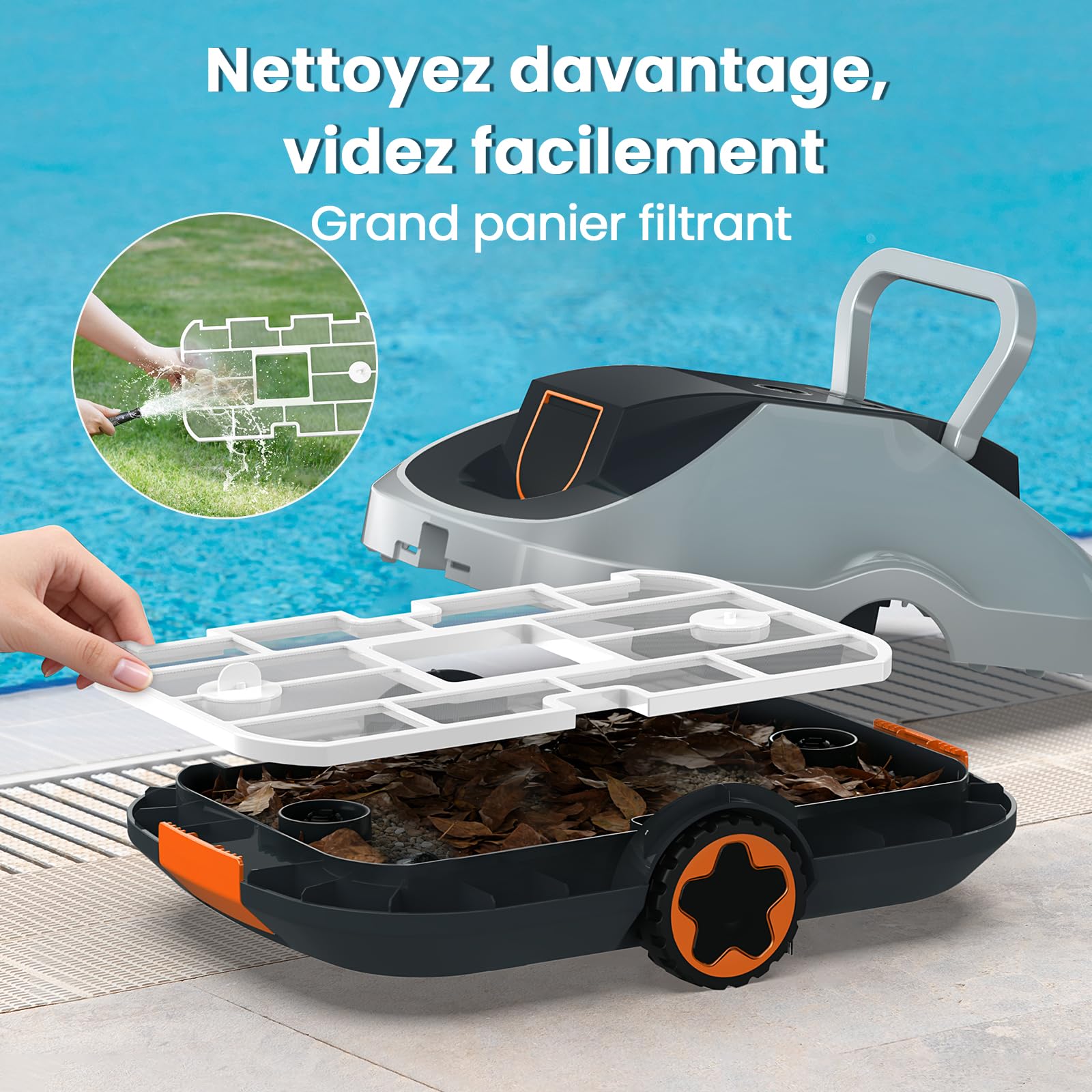 Robot Piscine sans Fil, Robot aspirateur Piscine sans Fil, 200Min d’Autonomie, Retour Automatique, Filtration Ultra-Fine, Navigation Intelligente, Compact et Portable pour Piscines Hors Sol 232 m²