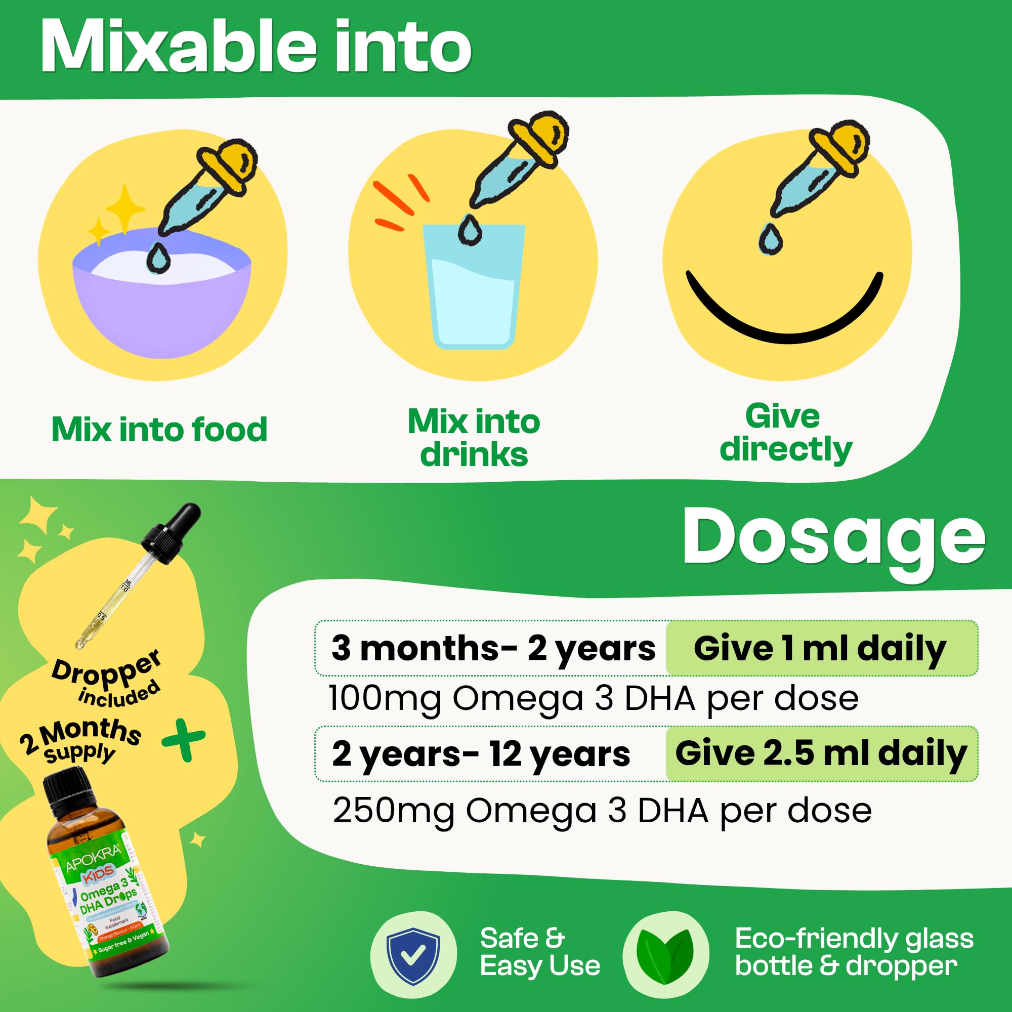 Omega 3 Vegano de DHA para Niños - 50mL - Sin Sabor a Pescado - Sin Conservantes y Sin Azúcar. Alternativa Sostenible de Algas al Aceite de Pescado | APOKRA Kids