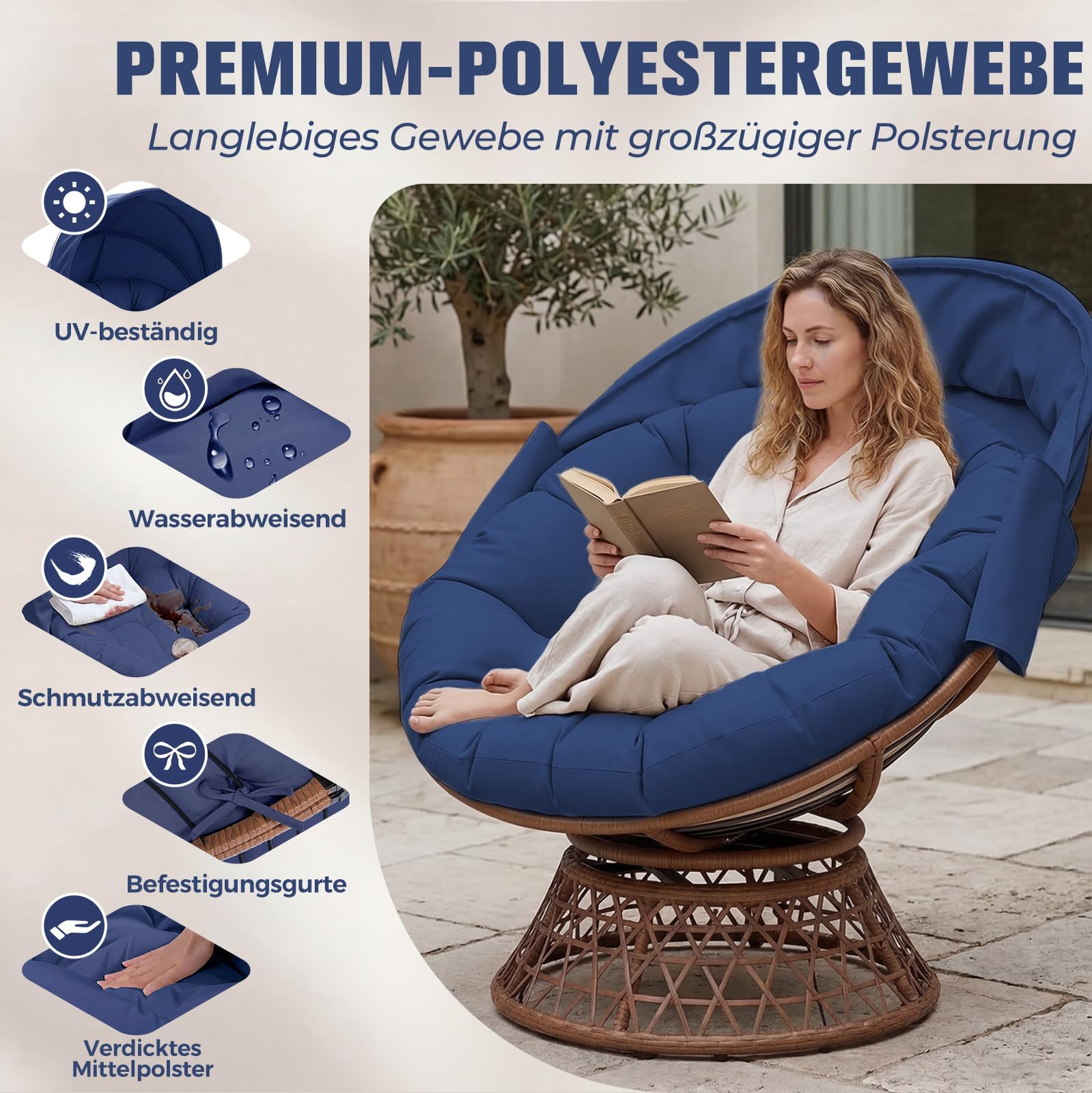 COMHOMA Papasansessel, gemütlicher Drehsessel mit Kissen rund, bequemer Rattansessel, Loungesessel drehbar, runder Relax Korbsessel Rattan für Wohnzimmer, Leseecke, Lounge - BLAU