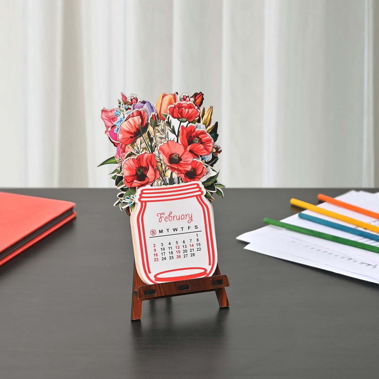 GKD Wooden Infinite Lifetime Desk Calendar 2025 With Photo Frame & Organizer - Red