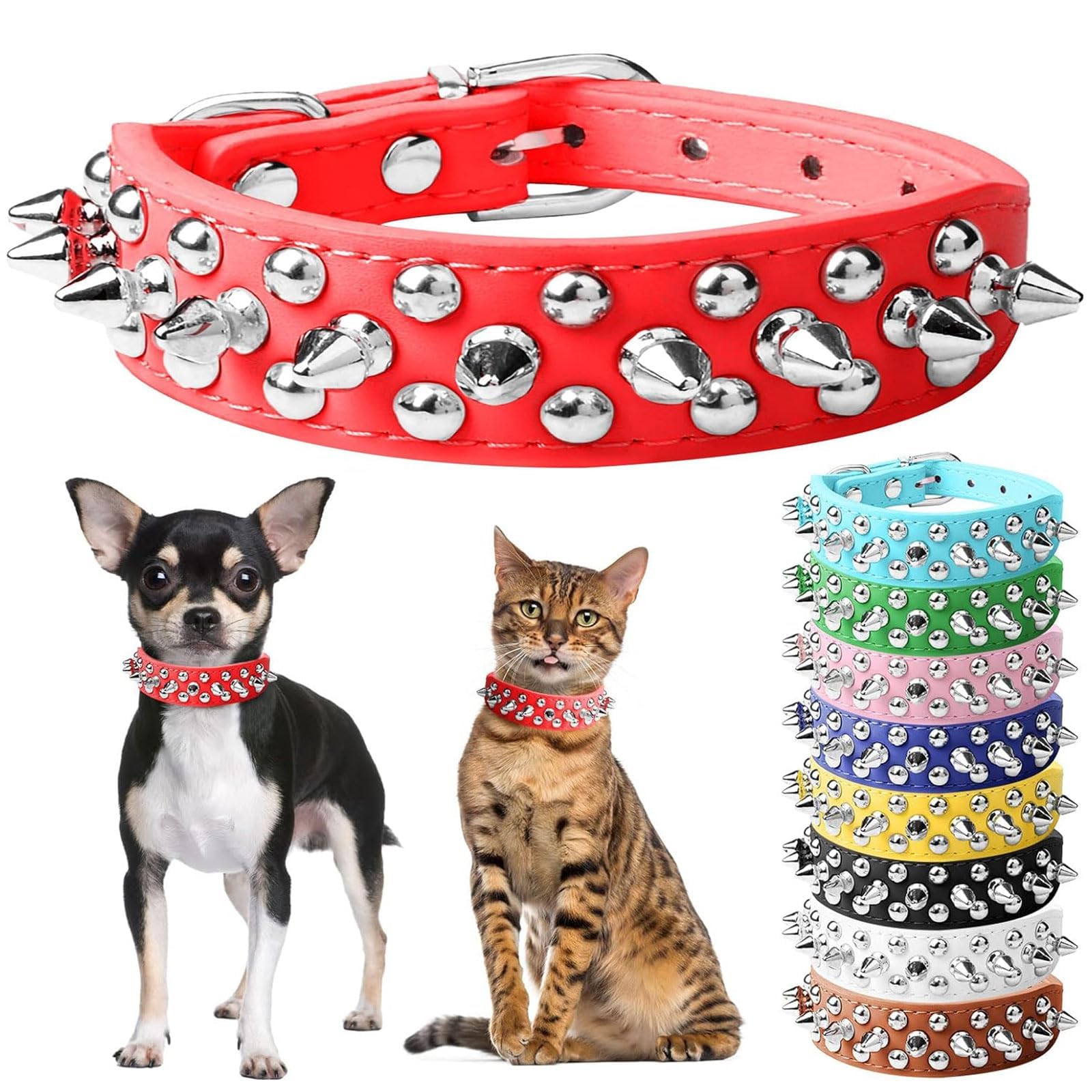 DOGGYZSTYLE Small Spiked Red Dog Cat Collar for Small Medium Dogs Boy Male Female - Adjustable Studded Puppy Collars - Soft Padded Punk Leather Dog