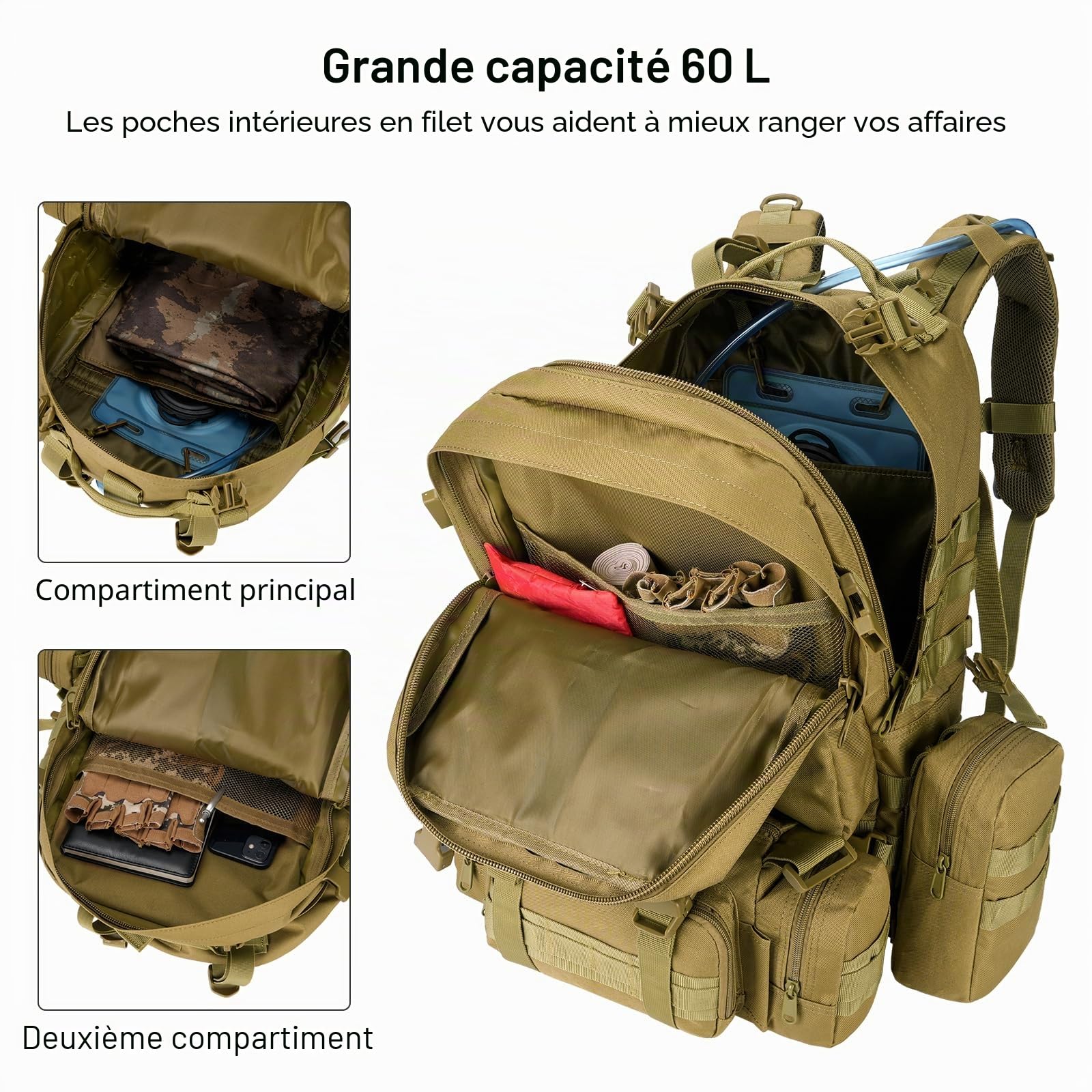 60L sac à dos tactique, grand sac à dos de survie militaire Molle 60L, hommes et femmes, sac d'extérieur détachable