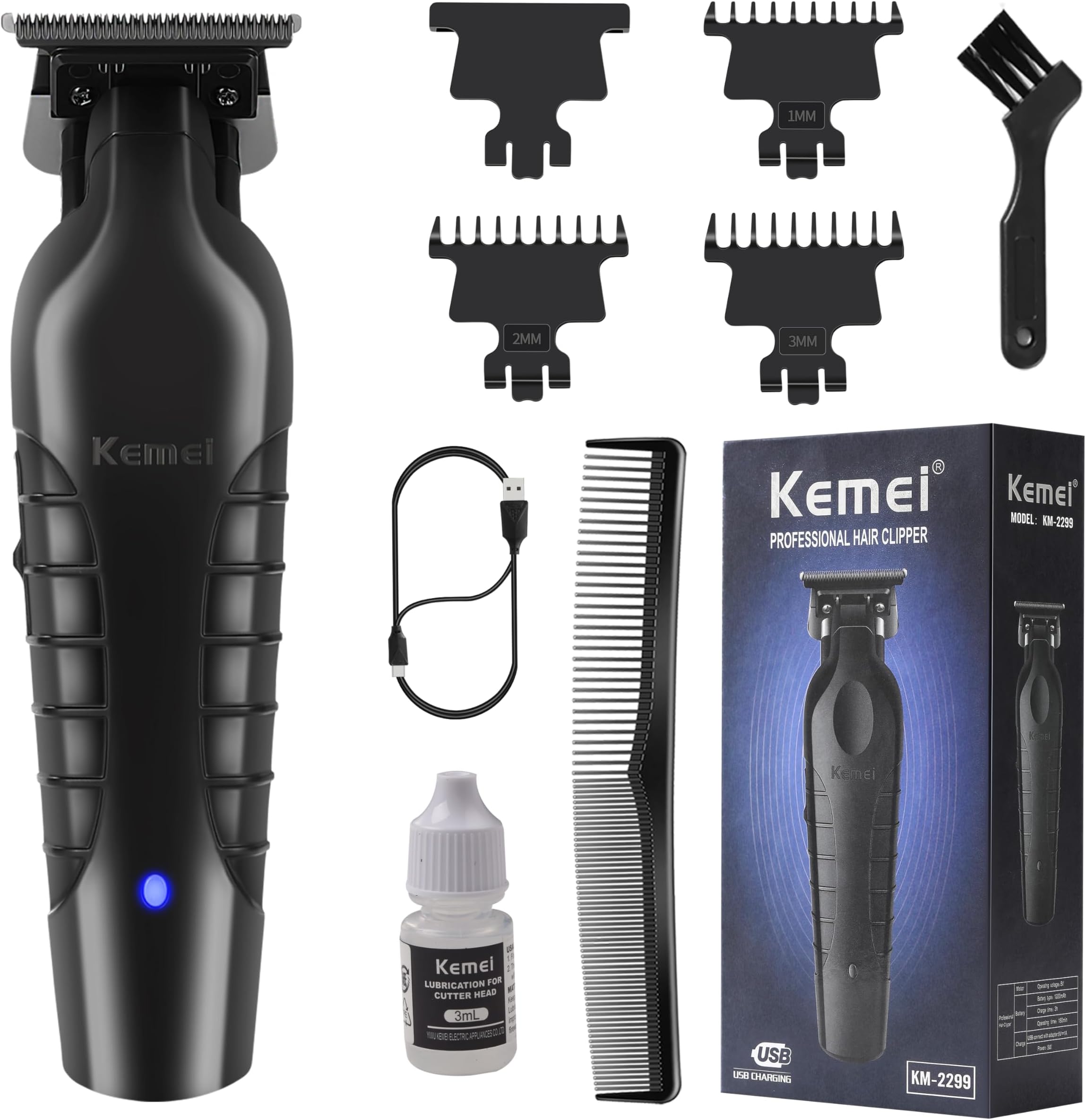 Kemei 2299 Professional Hair Trimmer for Men Electric Hair Clippers Zero Gapped T Blade Outliner Beard Trimmers Barber Hair Cuttings Kit Cordless Gift for Men