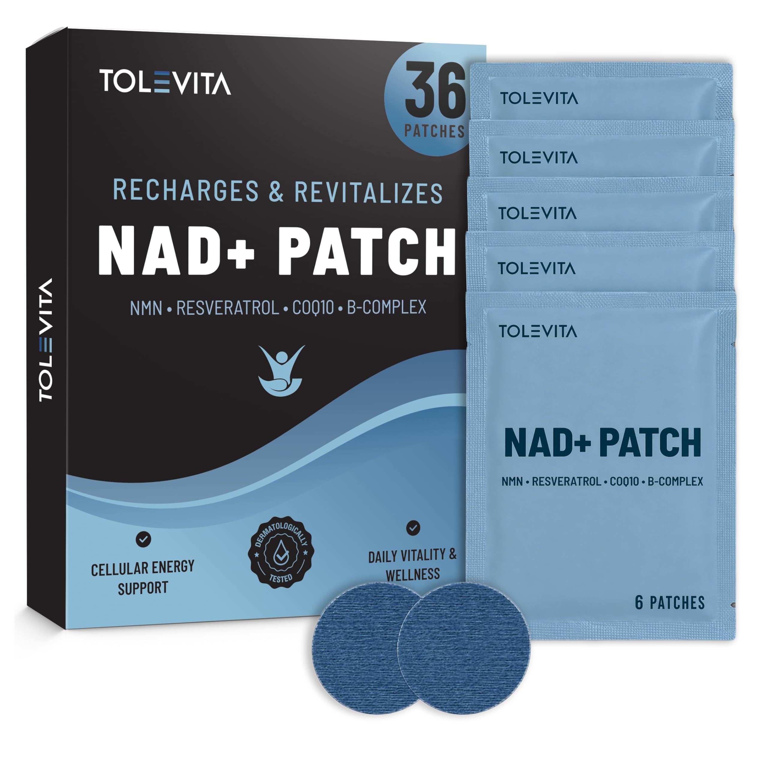 TOLEVITA NAD+ Patches – 36 Circle-Shaped Patches with NMN, Resveratrol, Vitamins B & C, CoQ10, NAC, Acetyl-L-Carnitine, PQQ & Antioxidants - Energy, Wellness & Cellular Health