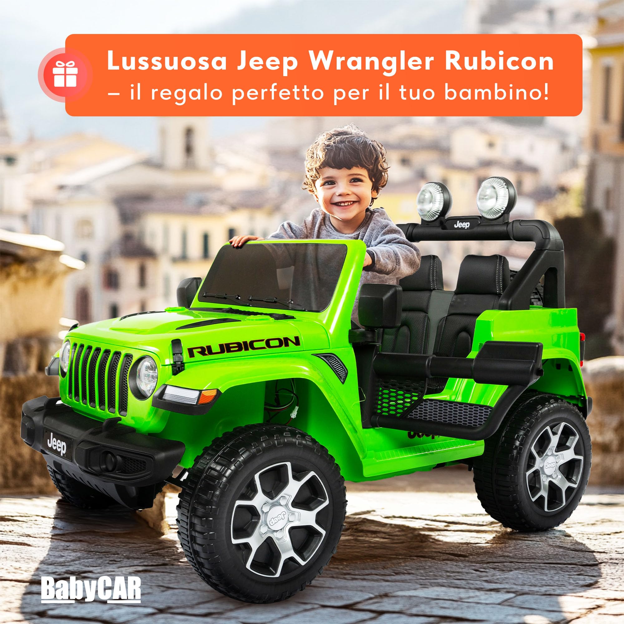 BabyCar Jeep Elettrica Per Bambini | Auto con Sedili in Pelle, Porte Apribili, MP3/USB/Micro SD | Macchina Elettrica per Bambini 12V con 2 Motori 35W | Licenza Ufficiale Jeep | Verde
