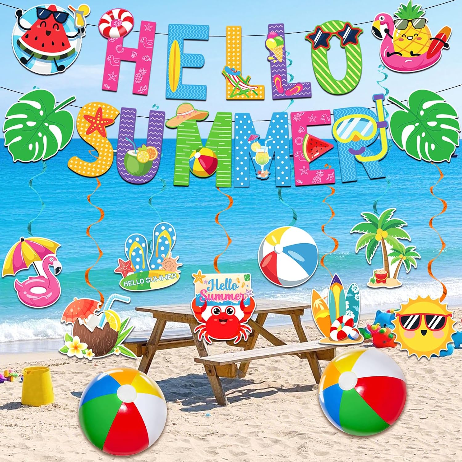 Summer Party Decorations, Beach Party Decorations include Hello Summer Banner and Summer Beach Hanging Swirls Wavy Blue Foil Fringe Curtain for Holiday Pool Summer Decorations for Classroom Office