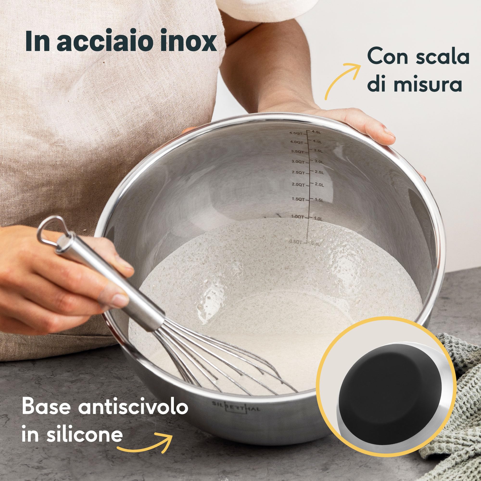 SILBERTHAL Set ciotole acciaio inox cucina - Impilabile e antiscivolo - Coperchio ermetico 1,6L / 3L / 5,1L