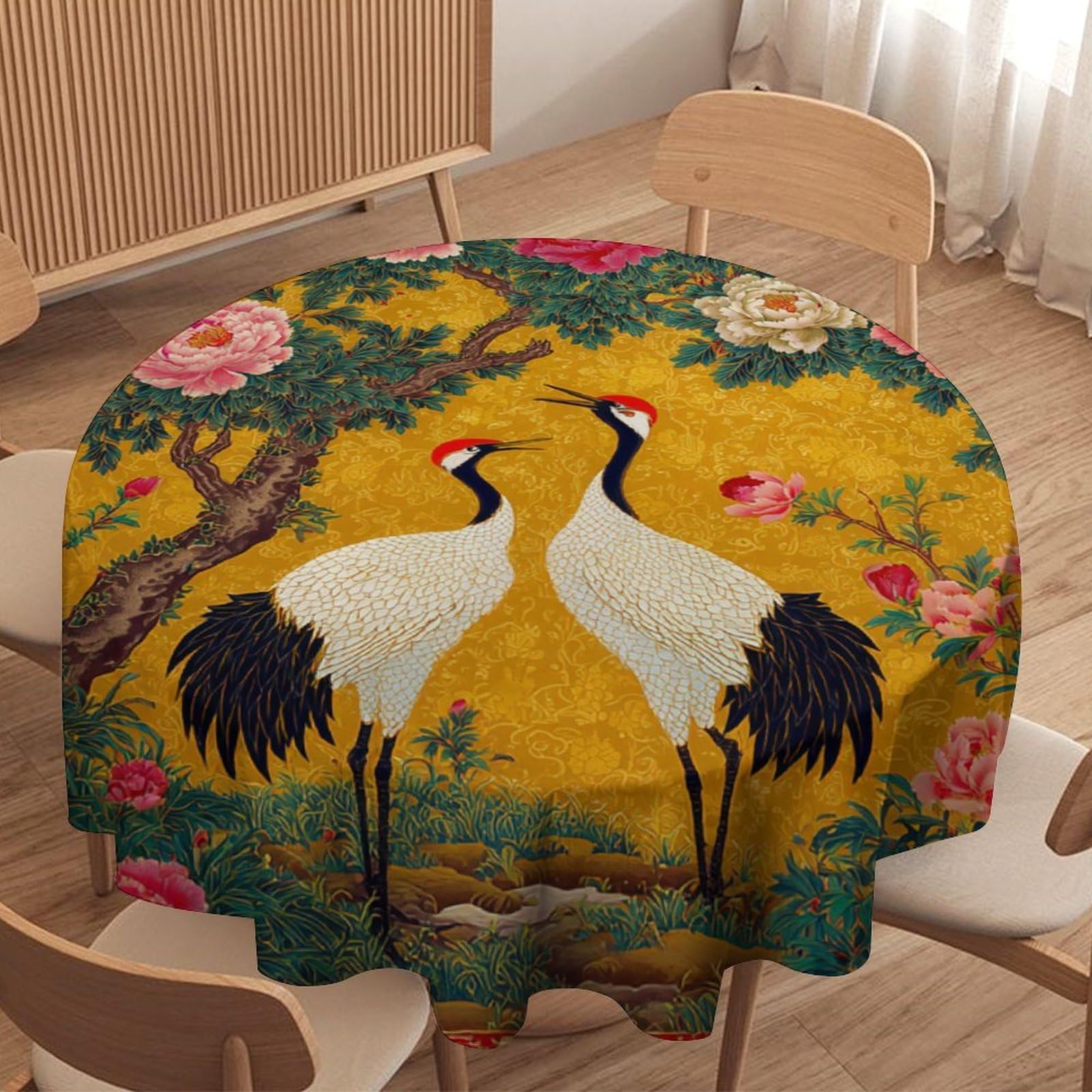 LUYYSKY Beautiful Classic Animals Crane Round Tablecloth Japanese Watercolor Plants Peony Flowers Animals Crane Pattern Washable Decor for Table Cover for Kitchen-91.4" Wx91.4 L cm