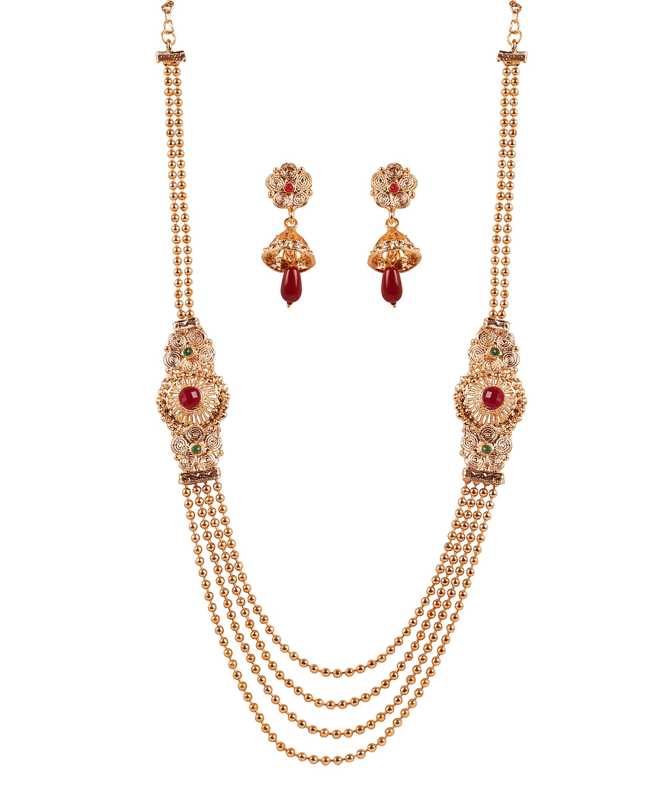 NEW! Touchstone Indian Bollywood Southern Ethnic Fabulous Look Faux Ruby Emerald Small Ball Chain Exclusive Saree Long Designer Jewelry Necklace Set In Gold Tone For Women.