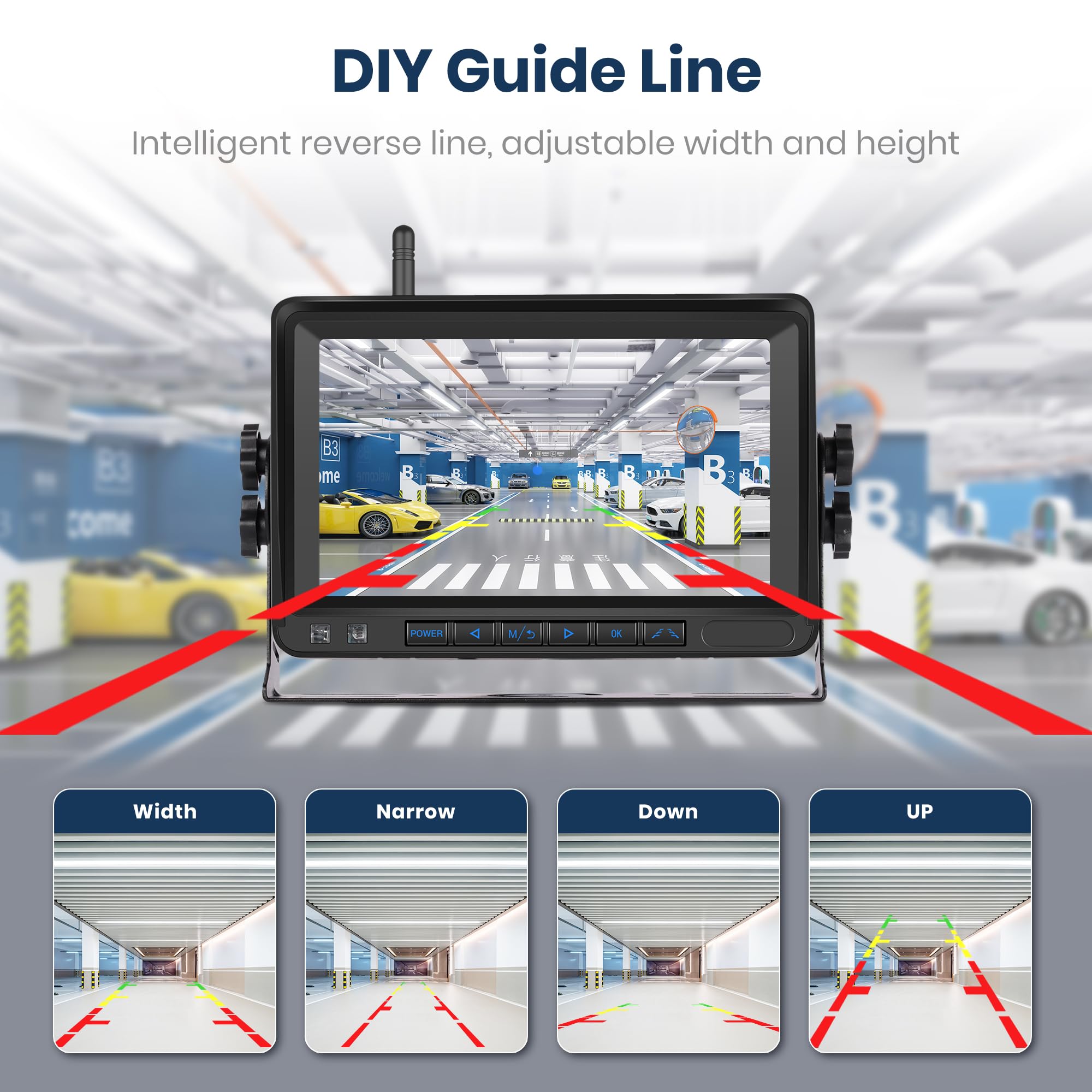 Wireless Backup Camera For Truck With AI Alarm, RV Bluetooth Backup Camera Night Vision Back Up Camera IP69 Waterproof Reverse Rear View Cam With 7" HD 1080P Monitor For Trailer Camper - View #2