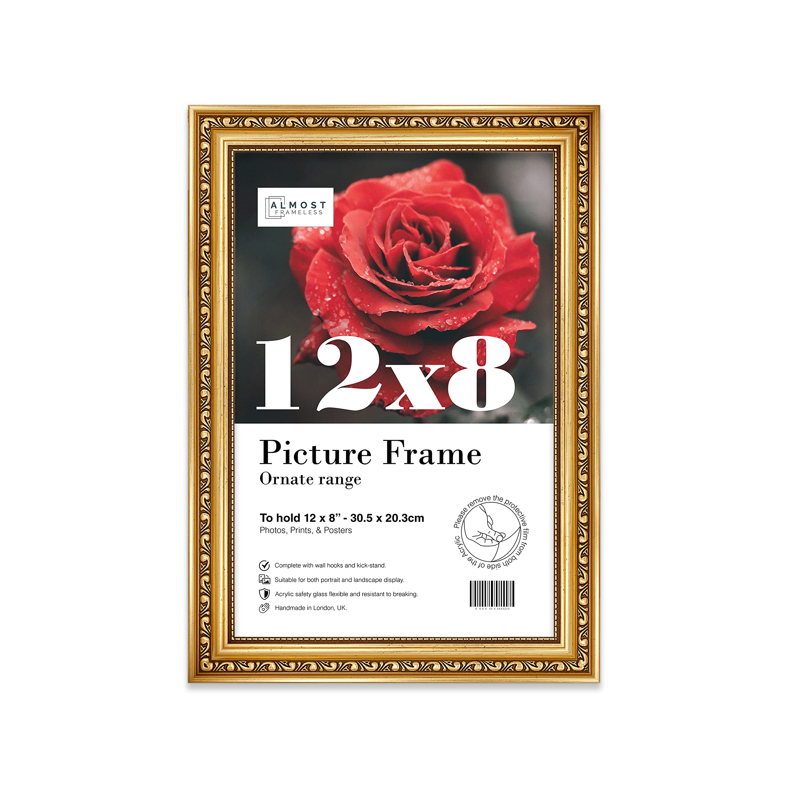 Almost Frameless 12x8 Gold Ornate Picture Frame 12"x8"(30.5x20.3cm) Poster, Photo, Artwork, or Print. Elegant Style Portrait and Landscape Display with Wall Hooks