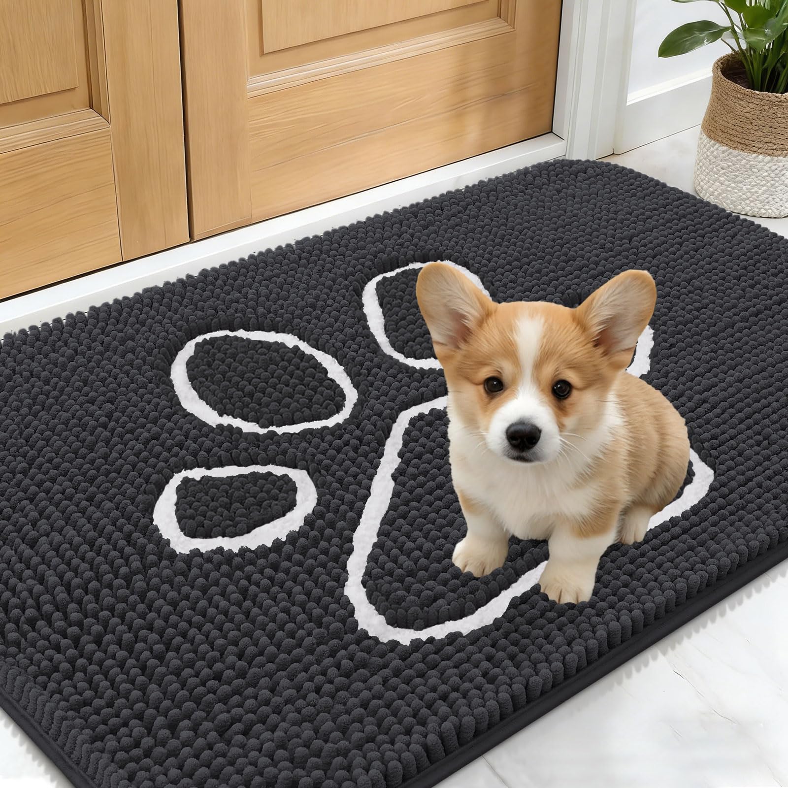 OLANLY Dog Door Mat for Muddy Paws 30x17, Paw Print Design Chenille Mud Mat