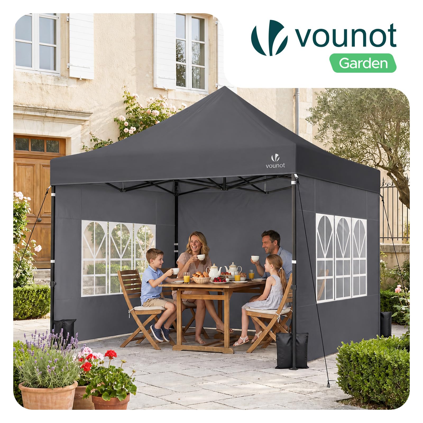 VOUNOT® Tonnelle de Jardin Renforcée 3 x 3 m Pliante avec 4 Parois Latérales et Fenêtres Barnum Robuste Sac de Transport à roulettes et Sacs de Sable Tente pour Jardin Terrasse Camping Festival Gris