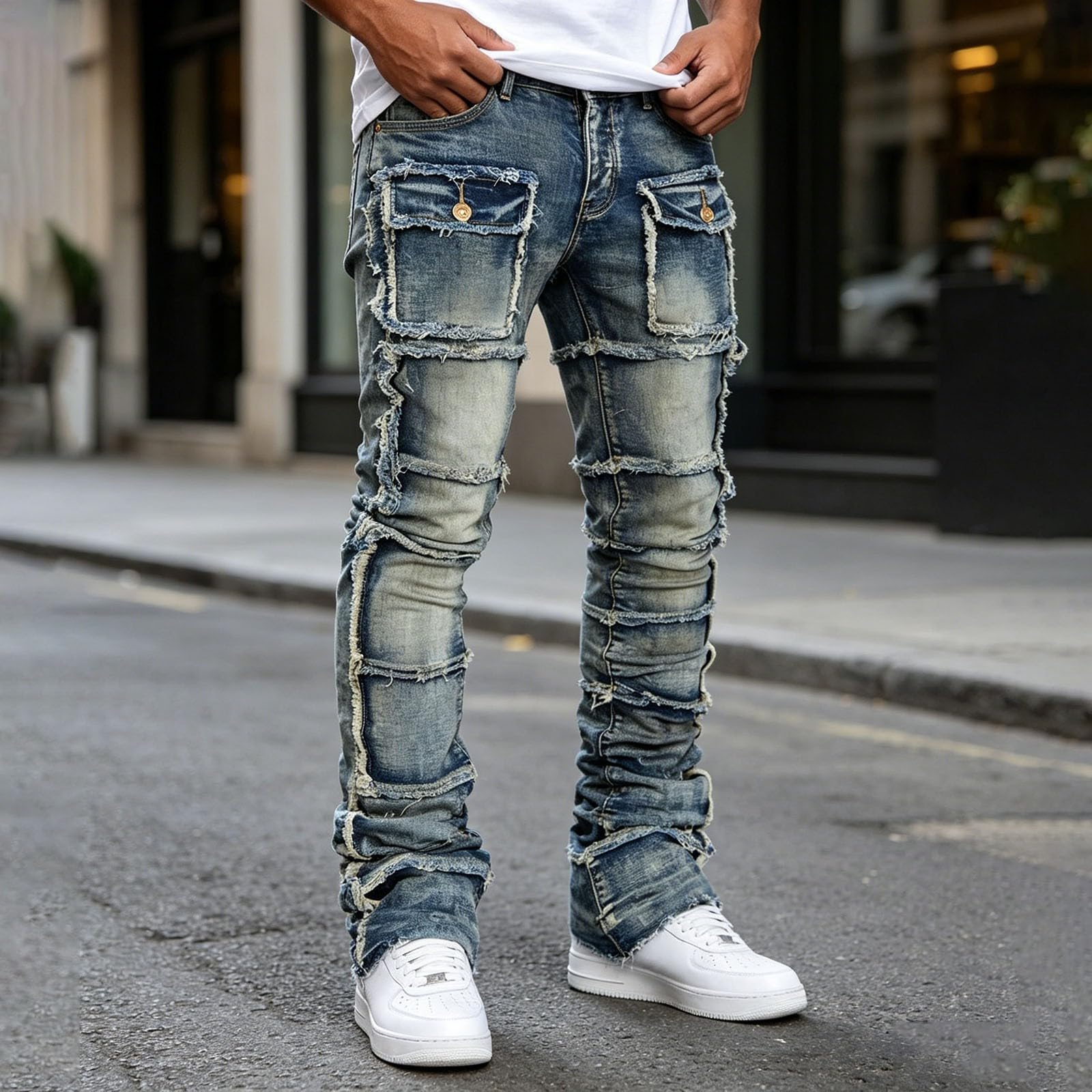 Jeans da uomo elasticizzati, slim fit, look usato, per il tempo libero, gamba larga, strappati, comodi, elasticizzati, stile punk, per attività all'aperto, hip hop, Harajuku, streetwear