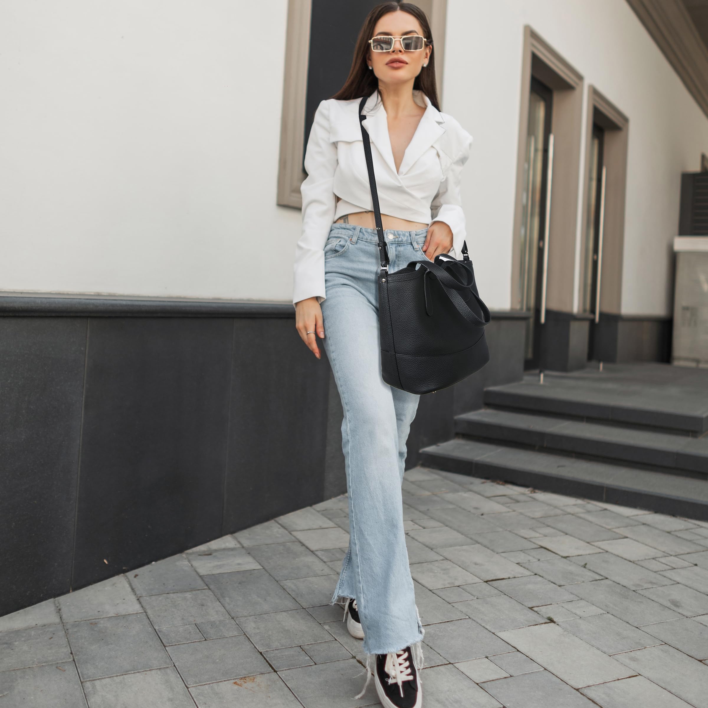 Iswee Picotin Bag Soft Leather Bucket Bag Shoulder Bag Black Hobo Bags Genuine Leather Handbags for Women Tote Crossbody (Black)