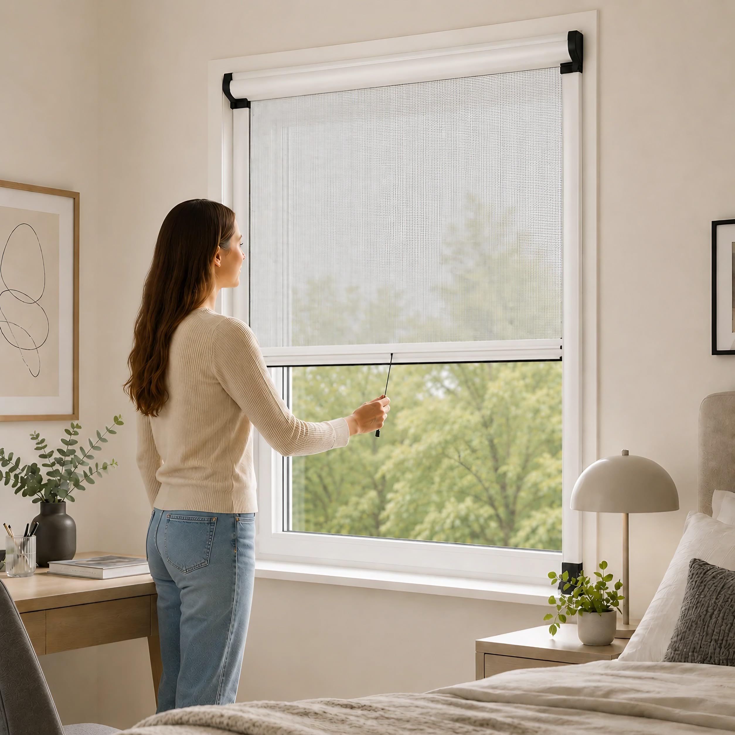 ESTO Insektenschutzrollo für Fenster, in Höhe und Breite zuschneidbar, Aluminiumrahmen, verschiedene Größen und Farben, Insektenschutznetz für Schiebe- und Flügelfenster (Weiß, 120 x 160 cm)