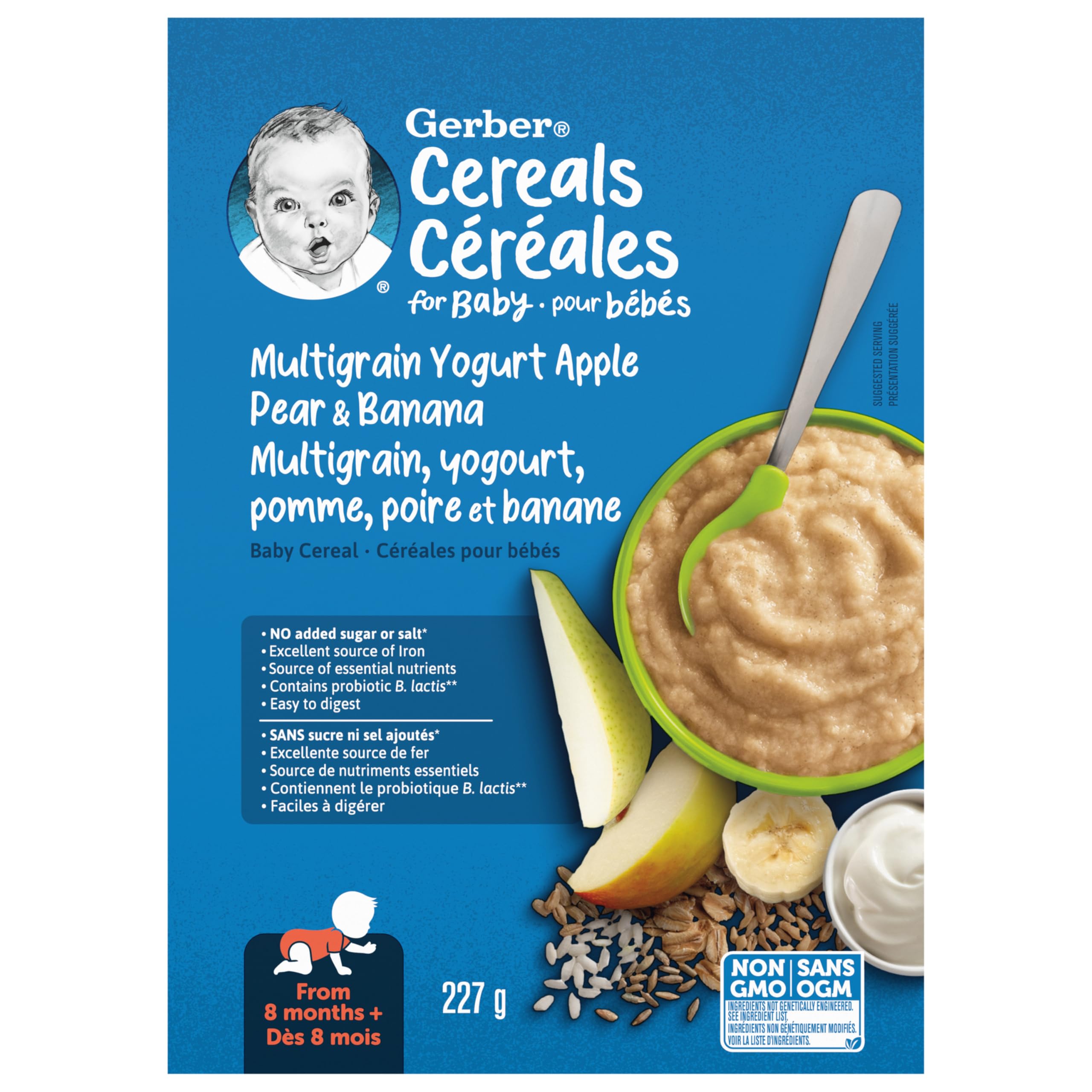 GERBER Cereal Wheat with Yogourt & Apple Pear Banana, Cereal, 8+ Months, 227 g, 6 Pack - Packaging May Vary