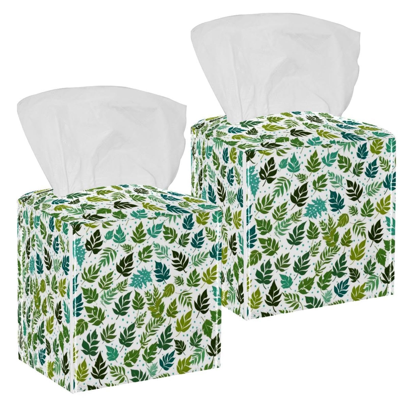 Artistic Leaves Tissue Box Cover, 2 Pack PU Leather Square Facial Tissue Dispenser Box holder for Home Office Car