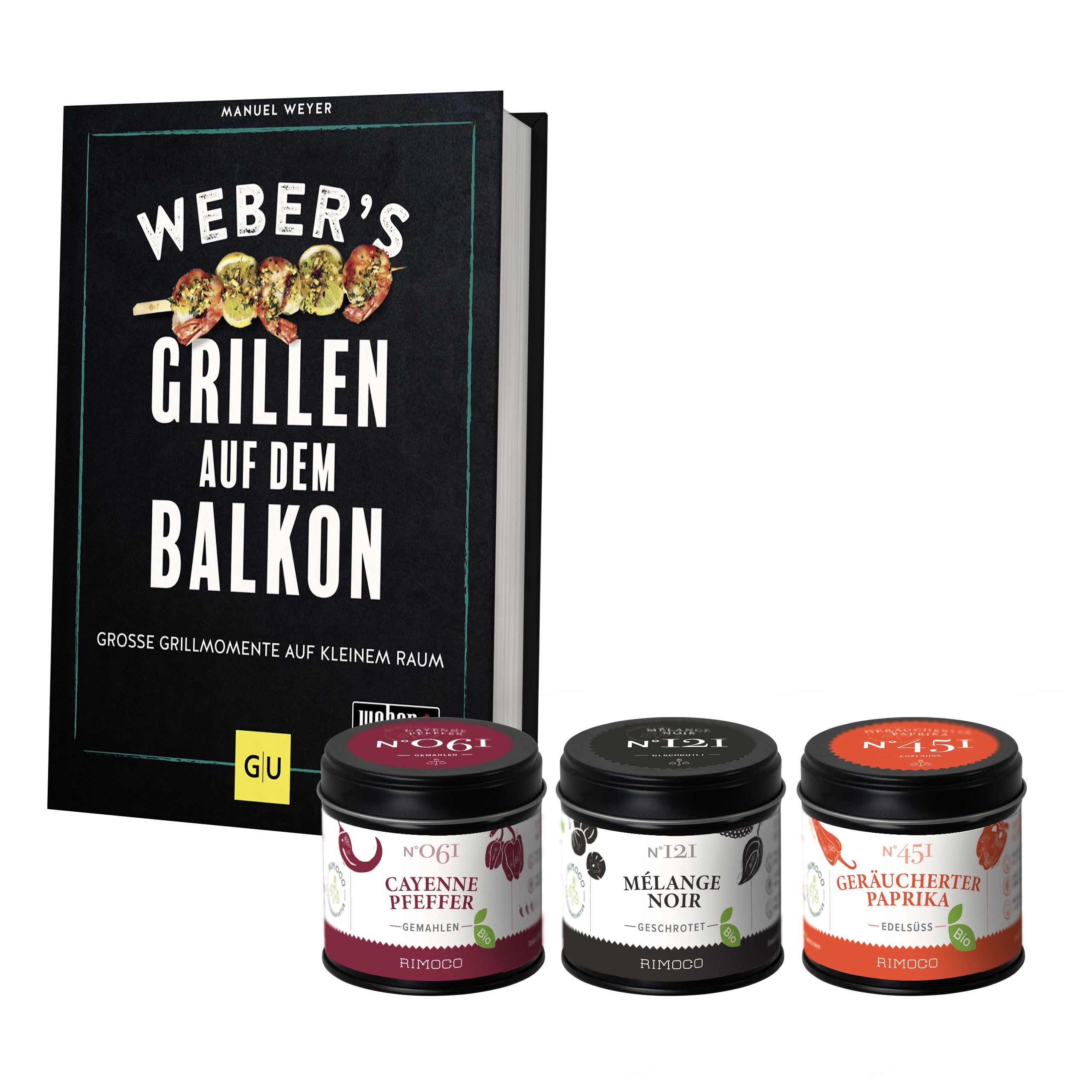 Rimoco Geschenkset Weber's Grillen auf dem Balkon + Bio Grill Gewürze Set - das ultimative Geschenk für Männer - Weber Kochbuch, 3x leckere Grillgewürze und 2x Rezeptkarten