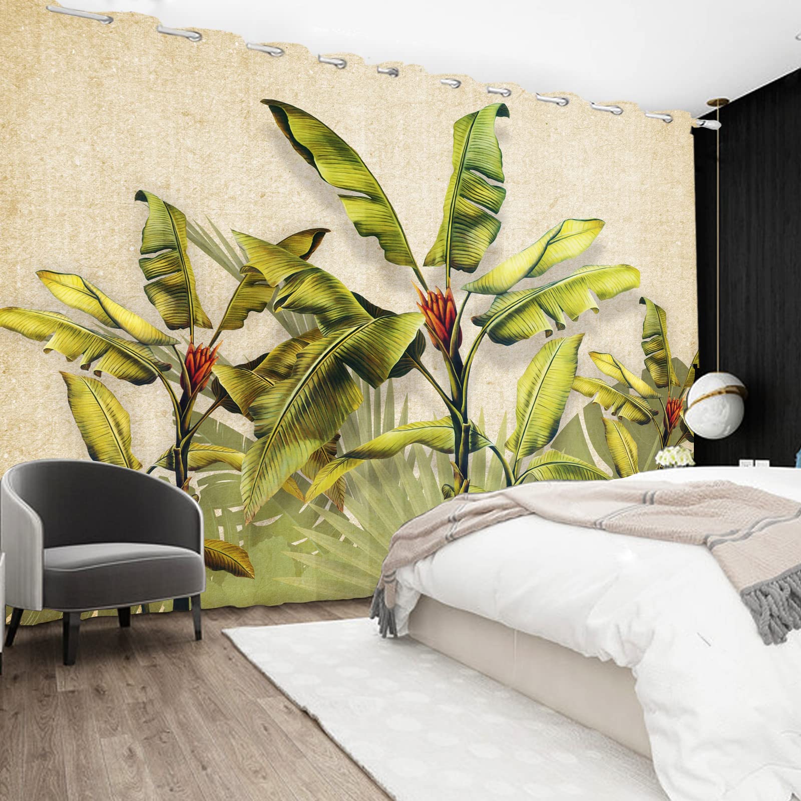 107x160cm Exótico Banana Árbol Cortina de Ventana Tropical Verde Palmera Árbol Sale de Verano Lámina Cortina Opaca Antiguo Cortinas Opacas para Dormitorio Aislamiento Térmico, 2 Paneles