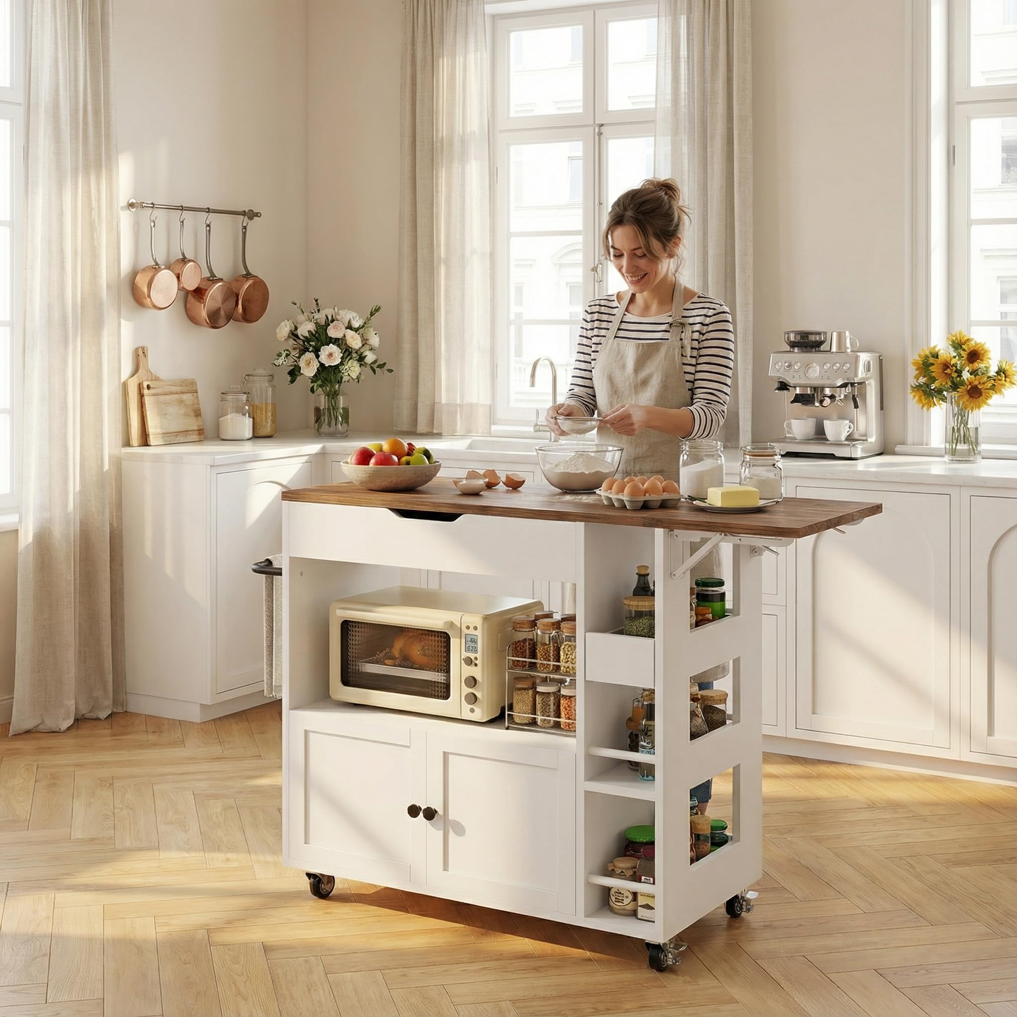YU YUSING Desserte Cuisine à roulettes avec Plan de Travail Extensible 104x40cm, 4 Étagères, 2 Tiroirs, 1 Porte, Îlot Central Cuisine Mobile, Meuble Micro-Ondes, Blanc/Marron