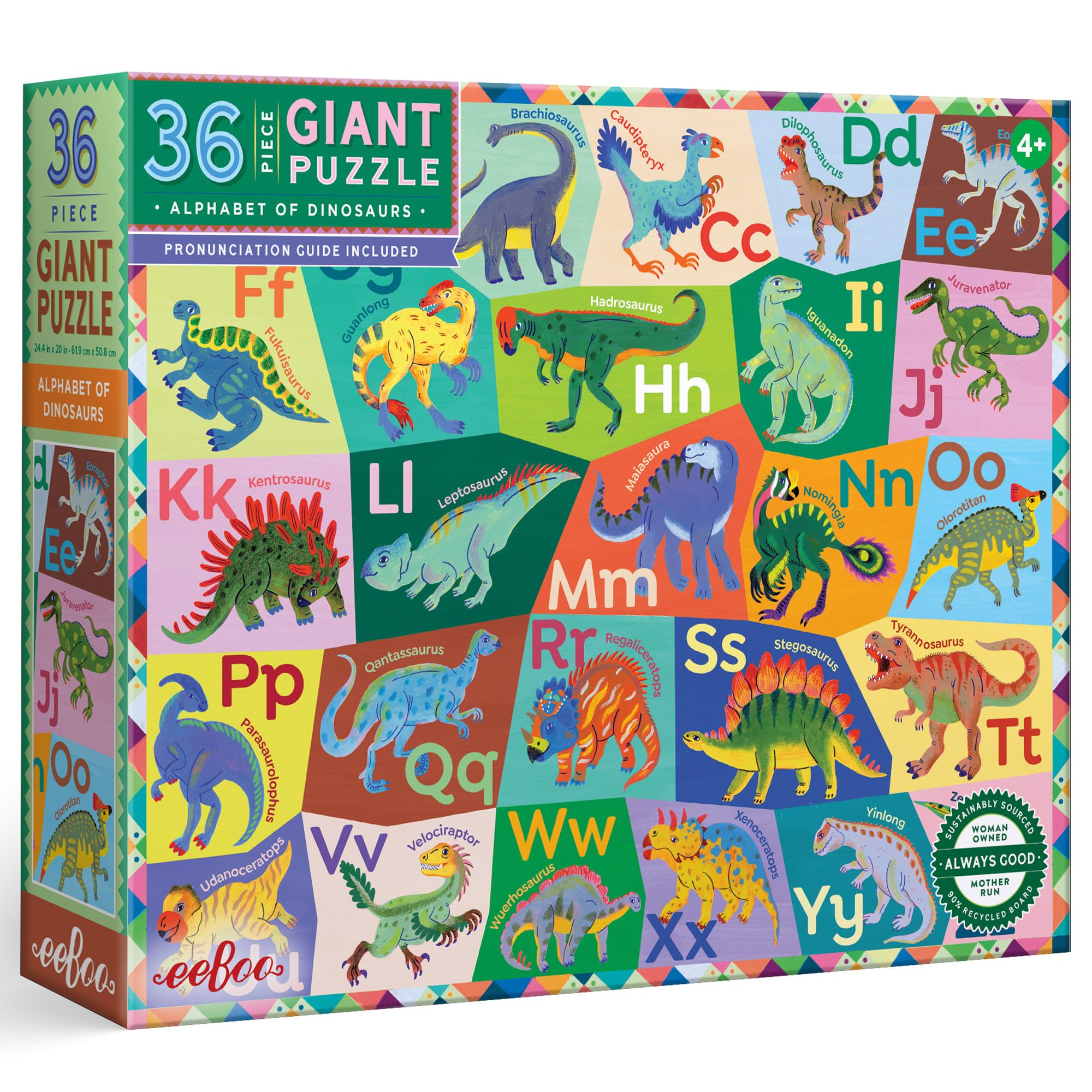 eeBoo: Dinosaurier-Alphabet-Puzzle, 36 Teile, 26 x 21 cm, prähistorisches Boden-Puzzle, übergroße Teile, pädagogischer Dino-Aussprache-Leitfaden für Kinder ab 3 Jahren