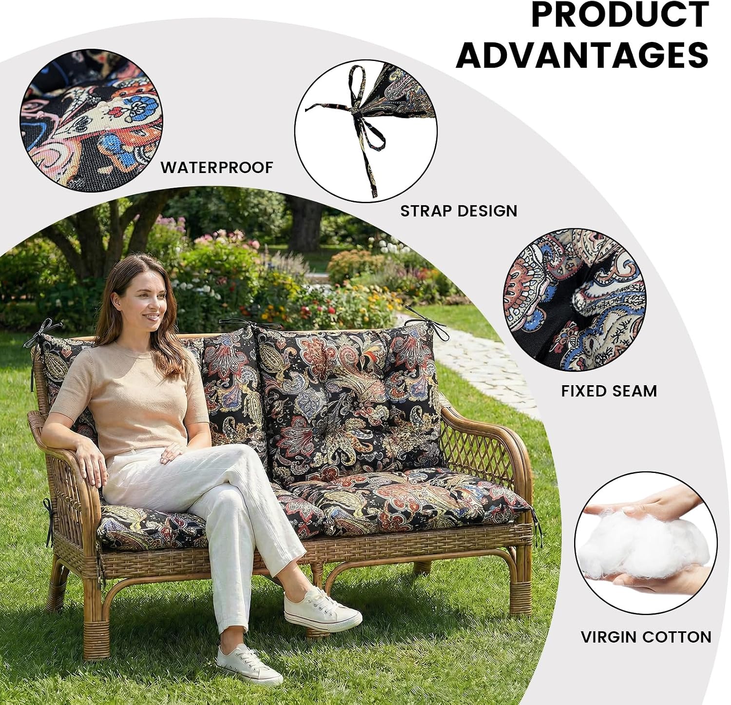 Outdoor Porch Swing Cushion with Backrest, Waterproof 2-3 Seater Replacement Swing Cushion, Thickened Bench Cushion with Ties for Patio Furniture, Porch, Backyard, Garden, Lawn (Vintage 47*40in)