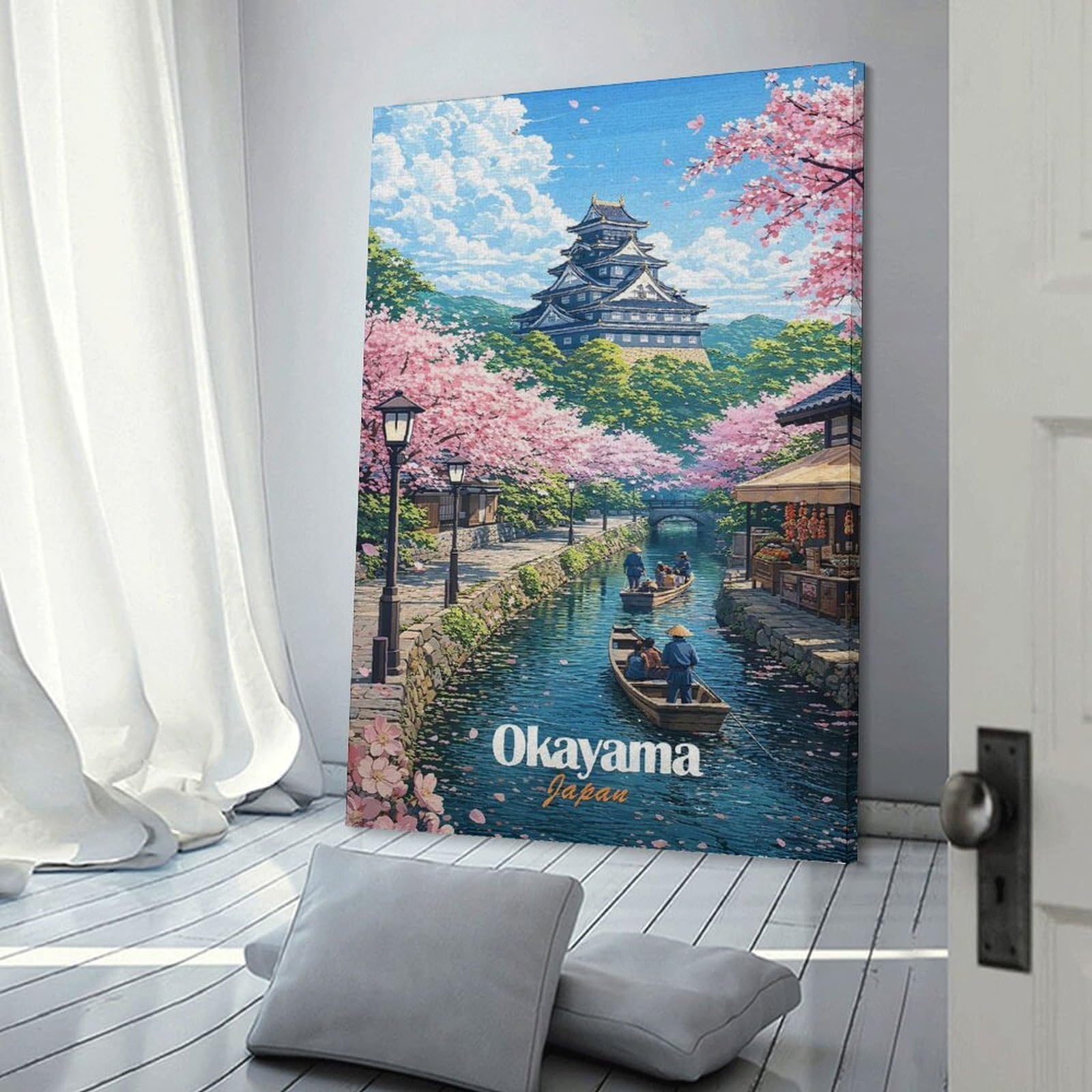 Junmoney Japanese Castle And Cherry Blossoms Decorative Wall Artwork, 24x36inch(60x90cm), for Home Lounge, Bedroom Or Reading Nook, Eye Catching Artwork for Blank Walls