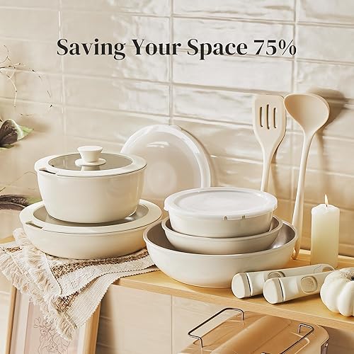 Miniatura 5 de Redchef Juego de ollas y sartenes de cerámica, juego de utensilios de cocina antiadherentes con mango desmontable, juego de utensilios de cocina no