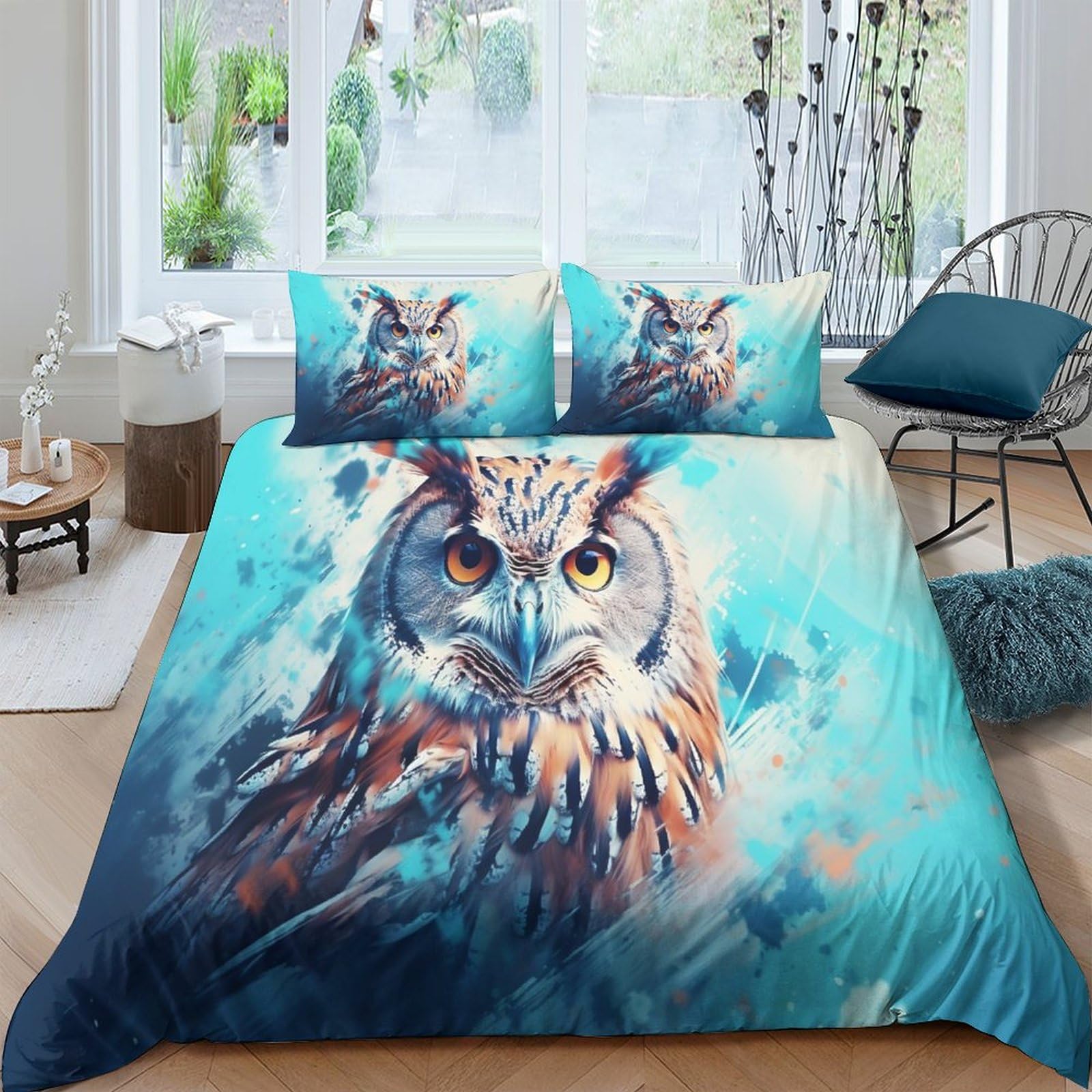 Housse de couette hibou douce avec fermeture éclair pour un lit facile à border