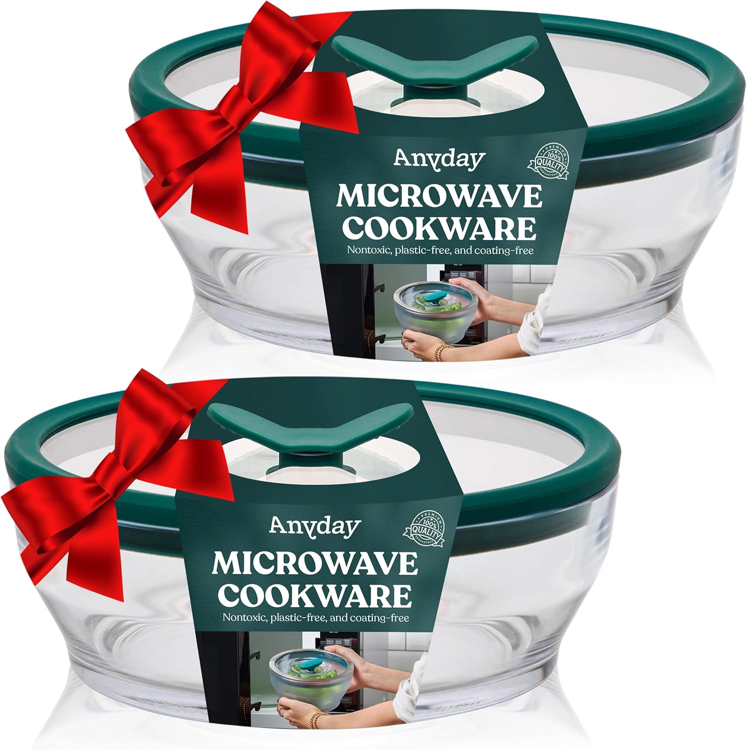 Anyday 2-Pack (4-Cup Shallow) Glass Food Storage with Glass Lids | Plastic-Free Meal Prep & Microwave Cookware | Stackable Airtight Storage Container with Vented Lid for Microwave-Safe Reheating