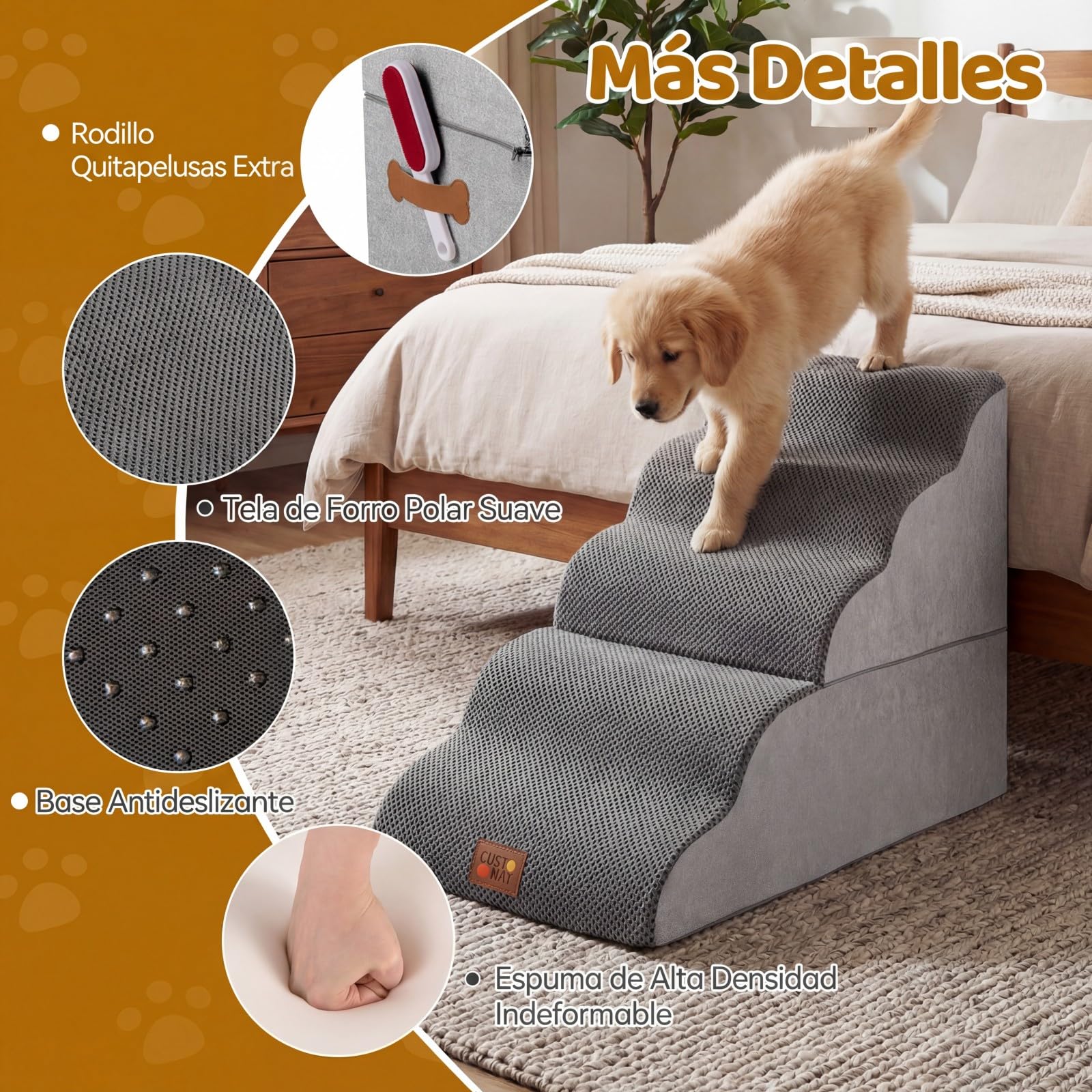 COSTWAY Escalera para Perros 4 Peldaños de Espuma, Rampas Rerros Transformables de Alta Densidad con Base Antideslizante, Funda Lavable, Rodillo Quita Pelusas, para Sofás y Camas (85 x 40,5 x 56 cm)