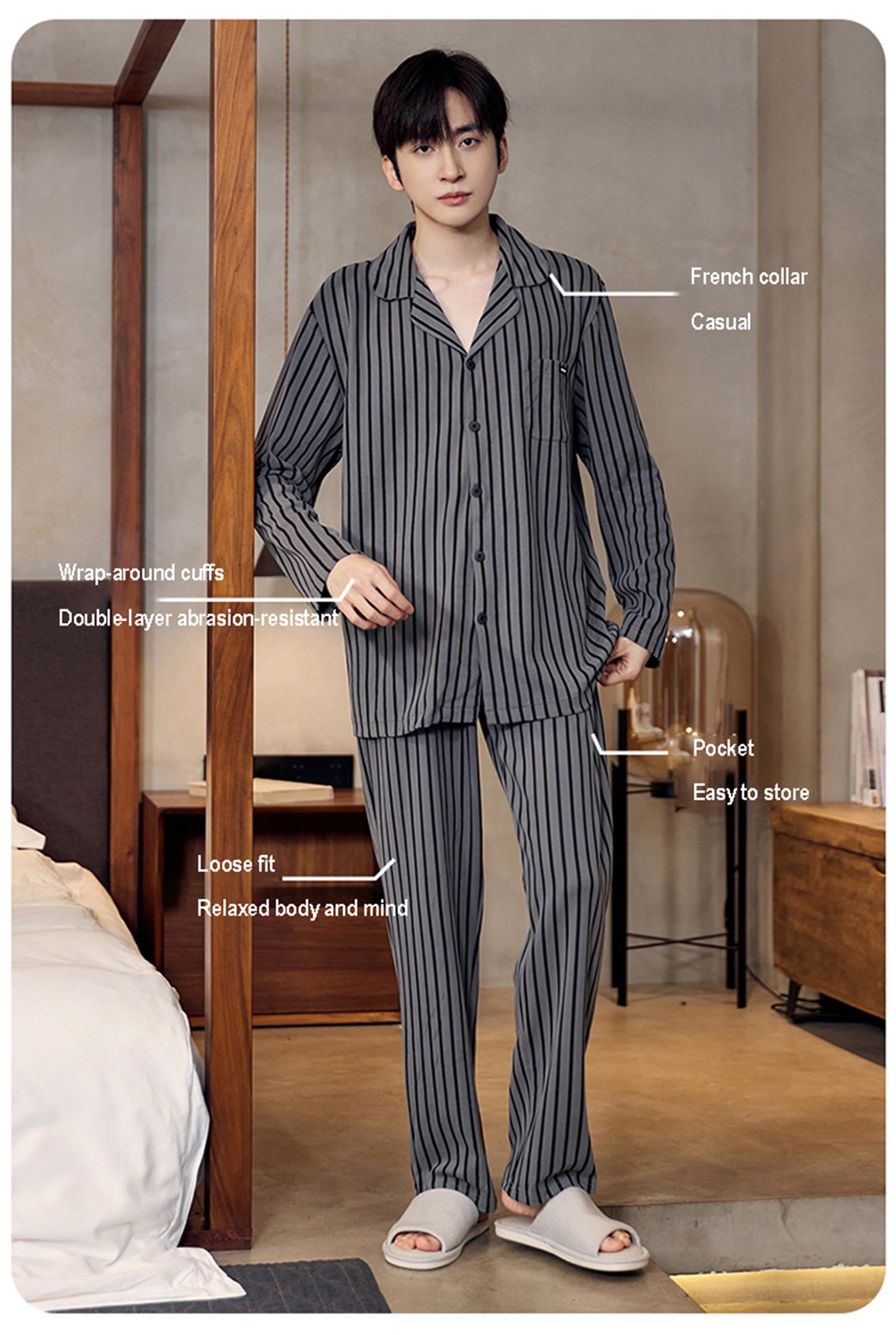Pigiama Button-Down in Cotone da Uomo, 2 Pezzi di Pigiameria a Maniche Lunghe con Tasche