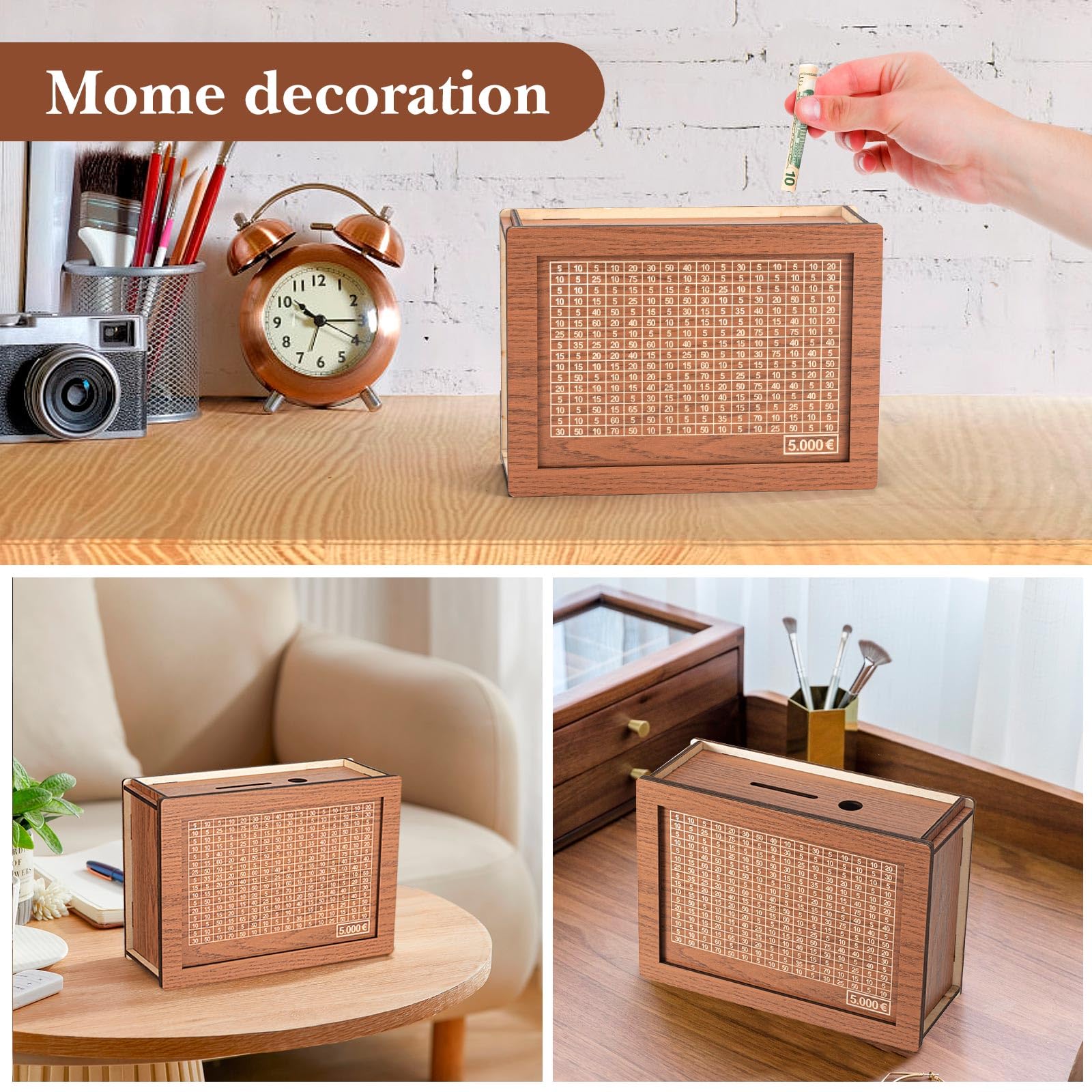 Salvadanaio Conta Soldi In Legno Con Obiettivo - Salvadanaio Riutilizzabile Bczhieulw Per Risparmiare 5000€ - Foto 5