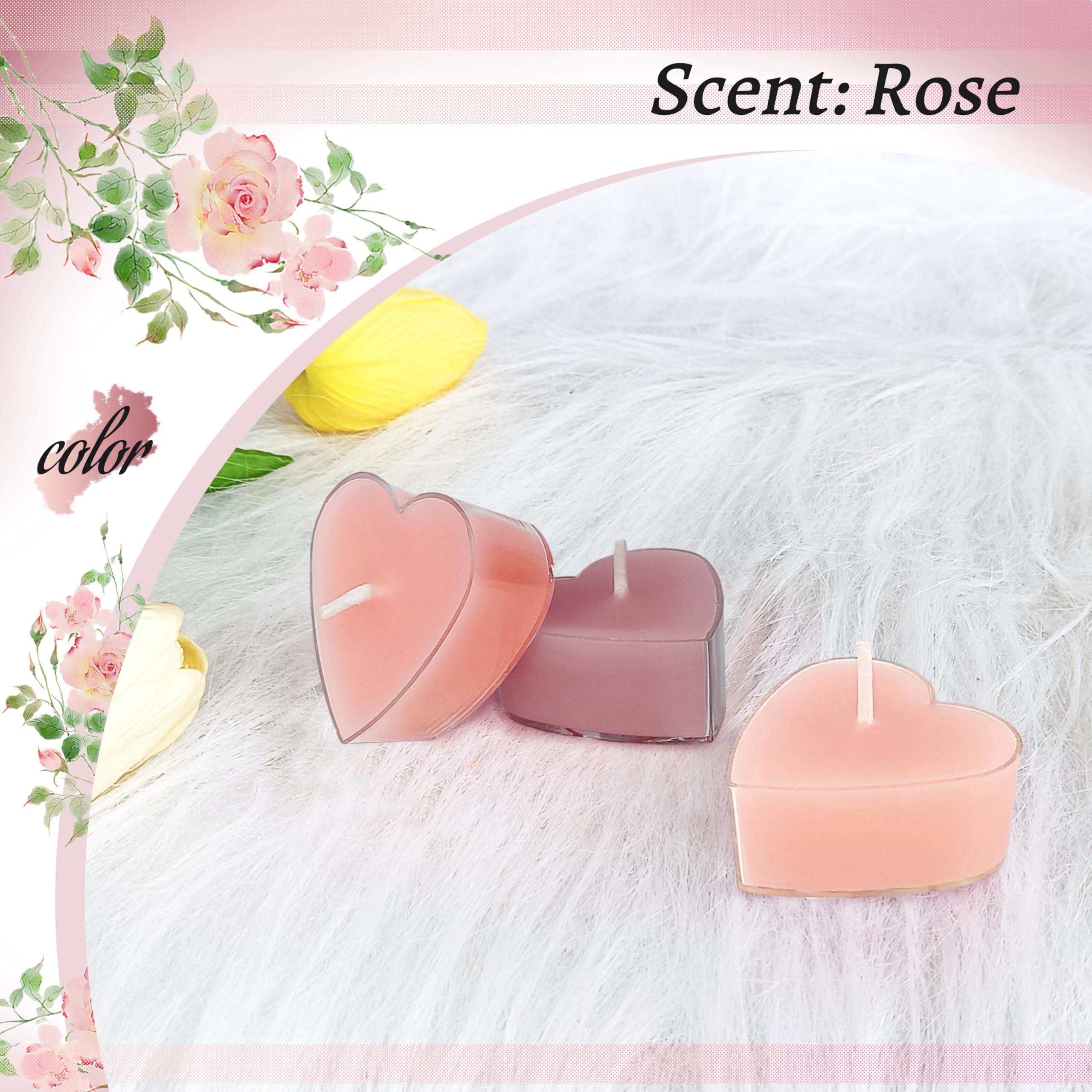 Rose Scented Heart Tealight Candles, Gradient Pink Scent Tea Lights Candles Clear Cup, 24 Pack Colored Tealights Candle, 4 Hour Burn Time Tea Candles for Weddings Romantic Decor