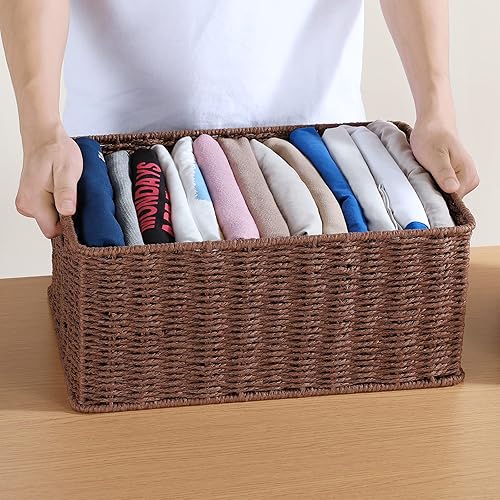 Vista 33 de HOONEX Cestas de almacenamiento de jacinto de agua, cestas de mimbre para organizar, cestas tejidas a mano con asas de transporte, juego de 2