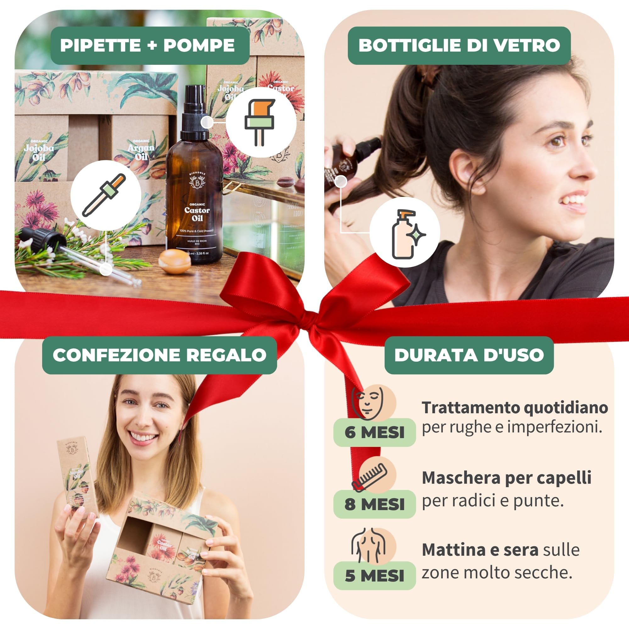 BIONOBLE Confezione Regalo Donna Bio - Olio Ricino, Argan, Jojoba - 3x100ml | 100% Naturale e Bio - Kit Bellezza Viso, Corpo, Capelli - Skin Care Donna - Cofanetto Regalo Donna Beauty - Bottiglie Vetro