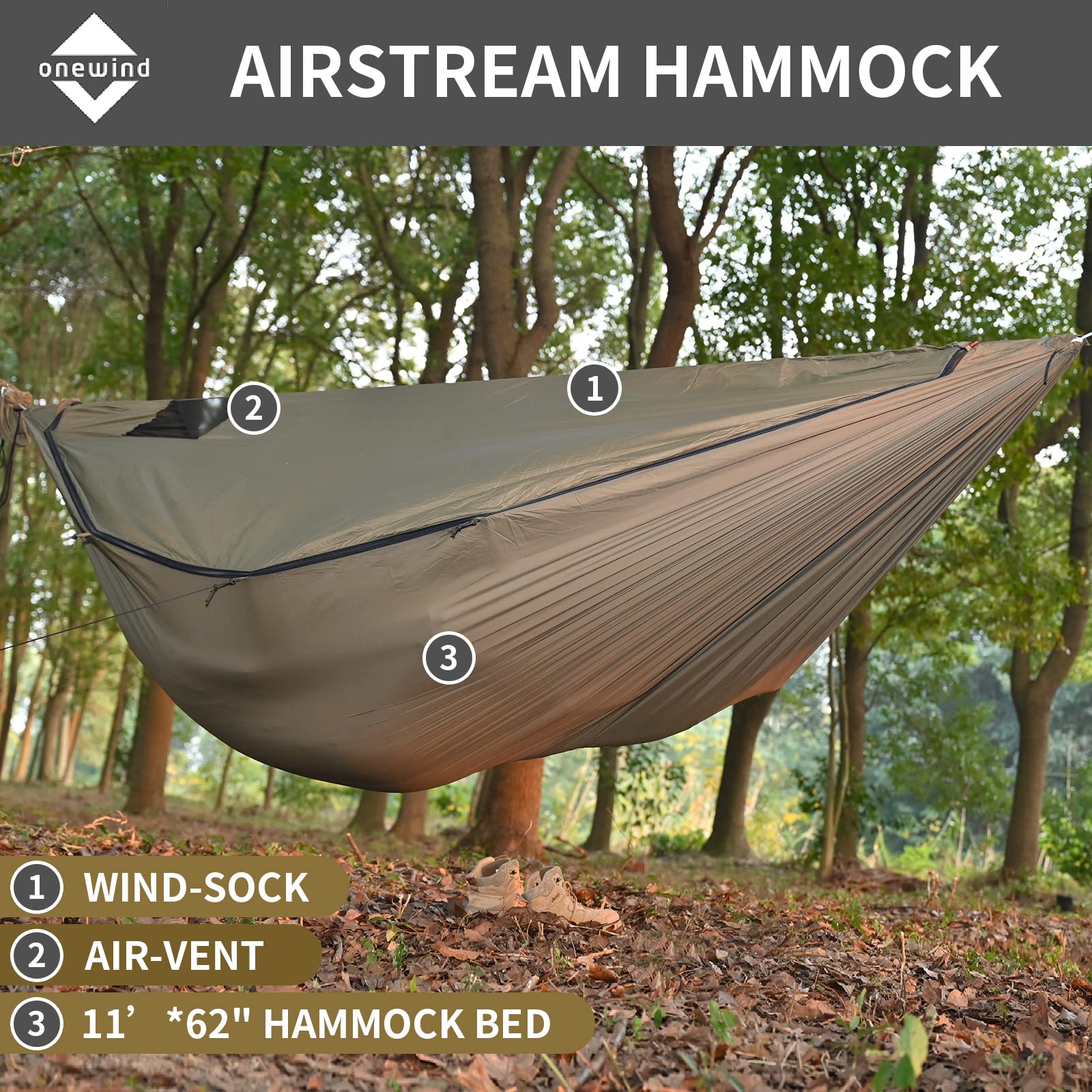 Onewind, amaca da campeggio Airstream con zanzariera e paravento, amaca portatile con cinghie per alberi e zanzariera per campeggio invernale, escursionismo, trekking, Verde OD
