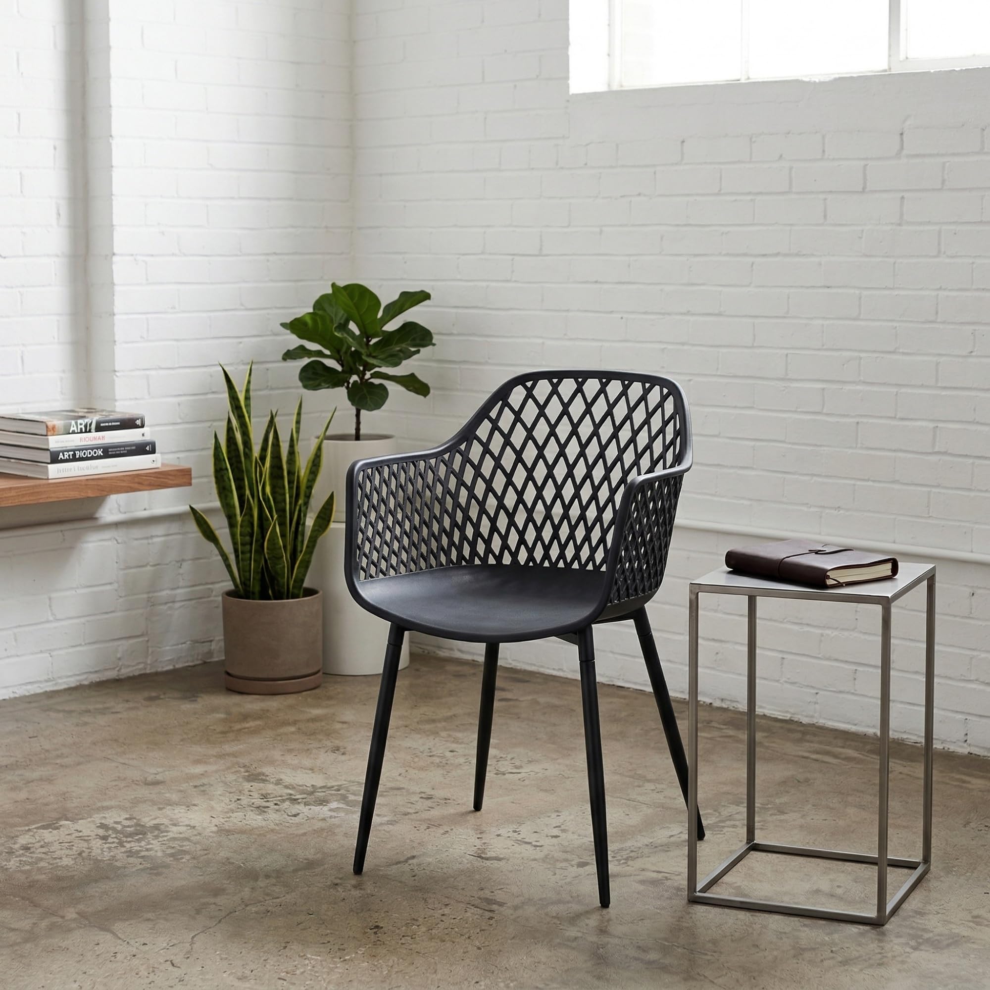 Juego de 6 sillas de Comedor con Respaldo geométrico Moderno de plástico para Patio con Patas de Metal, Silla de jardín al Aire Libre, Silla de Comedor con Brazos para balcón, Color Negro