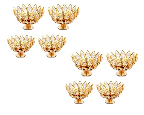 Collectible India Brass Crystal Bowl Round Shape Akhand Kamal Diya Oil Lamp for Mandir Temple Pooja Articles Decor Diwali Decoration Items for Home (Pack of 8)