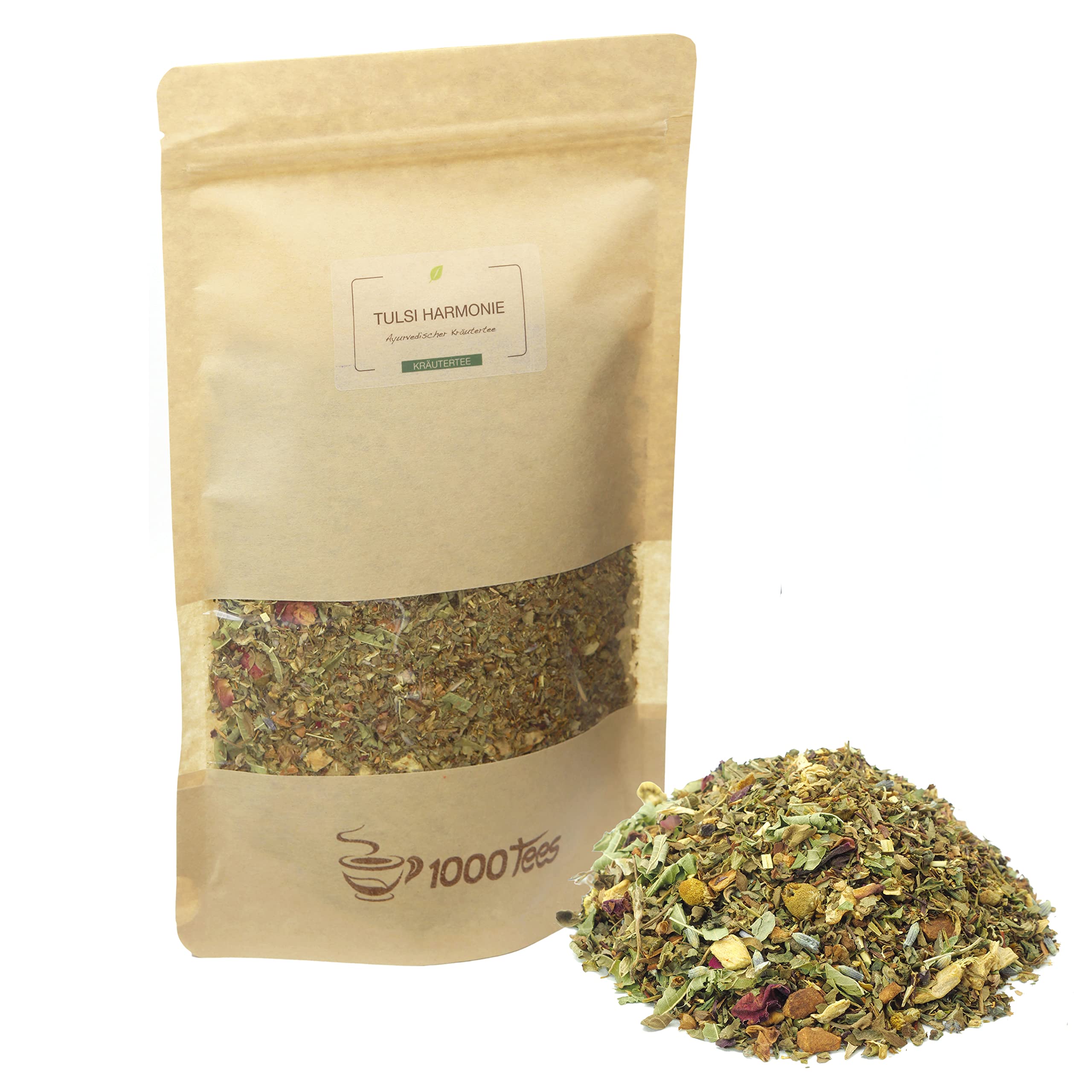 Kräutertee Tulsi Harmonie mit Pfirsich-Geschmack, fruchtig, mild, blumig, frisch abgefüllt