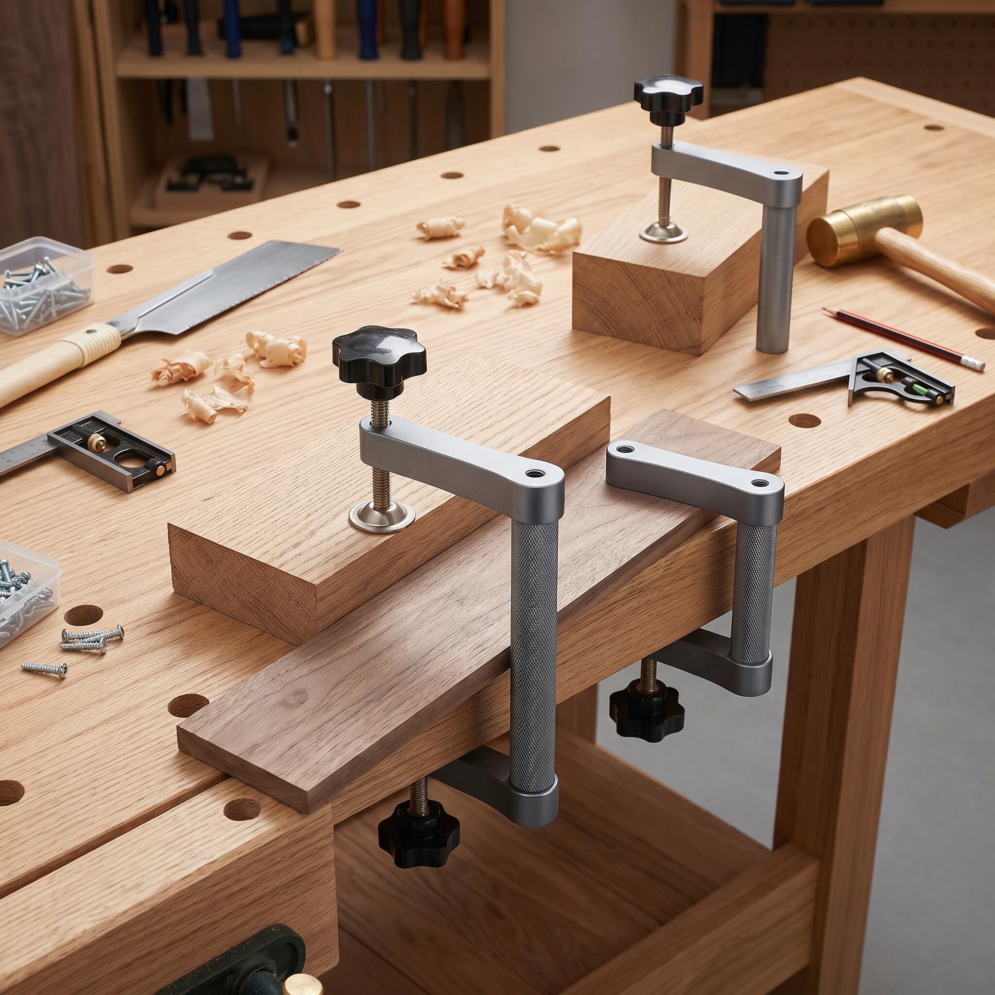 Serre-joint D'établi, Serre-joint de 20 Mm pour le Travail du Bois, en Alliage D'aluminium et Acier Inoxydable, avec 2 Vis à Main en Forme D'étoile et Rondelles, pour établis