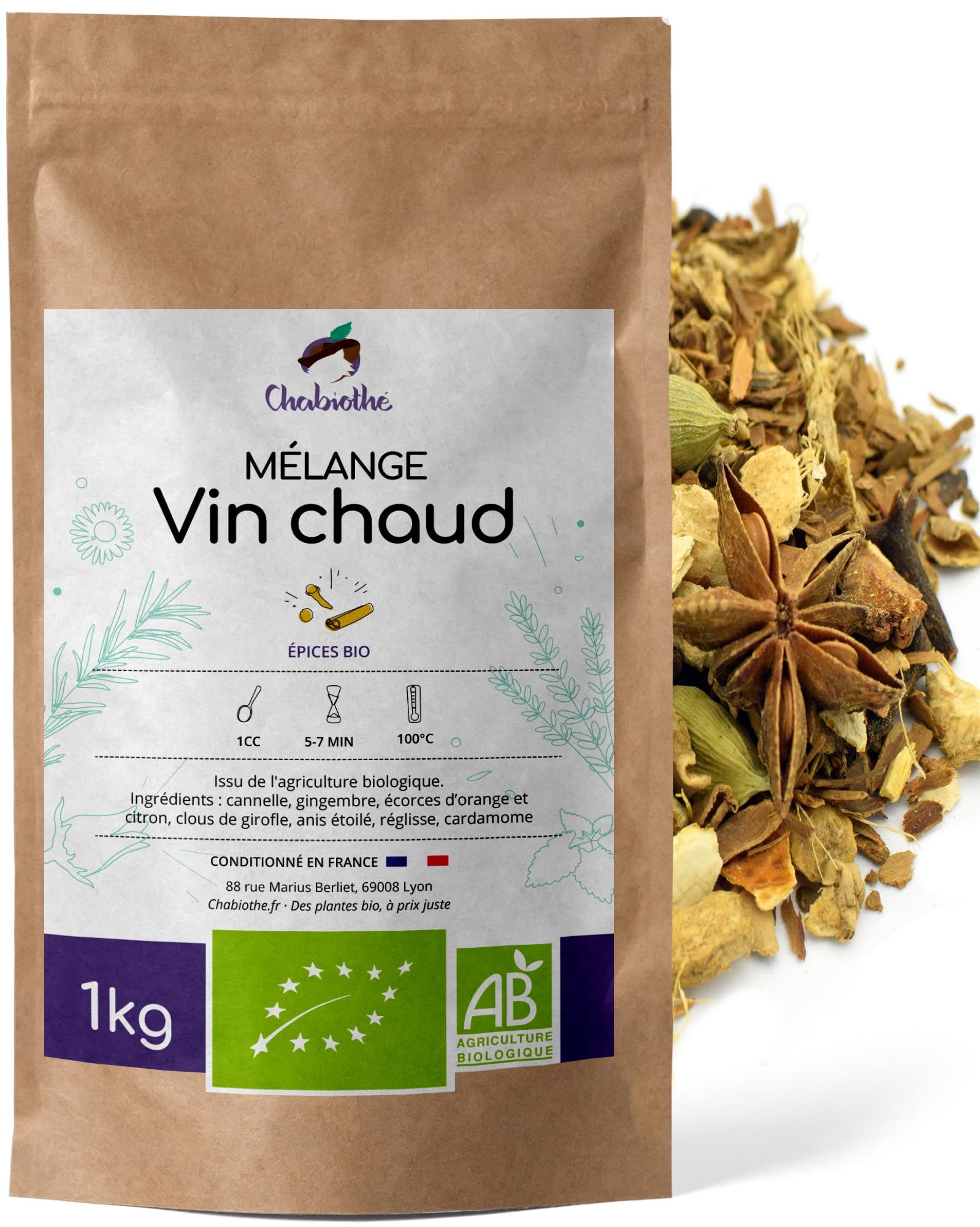 Chabiothé - Mélange Epices Vin Chaud BIO 1 kg - mélangé et conditionné en France