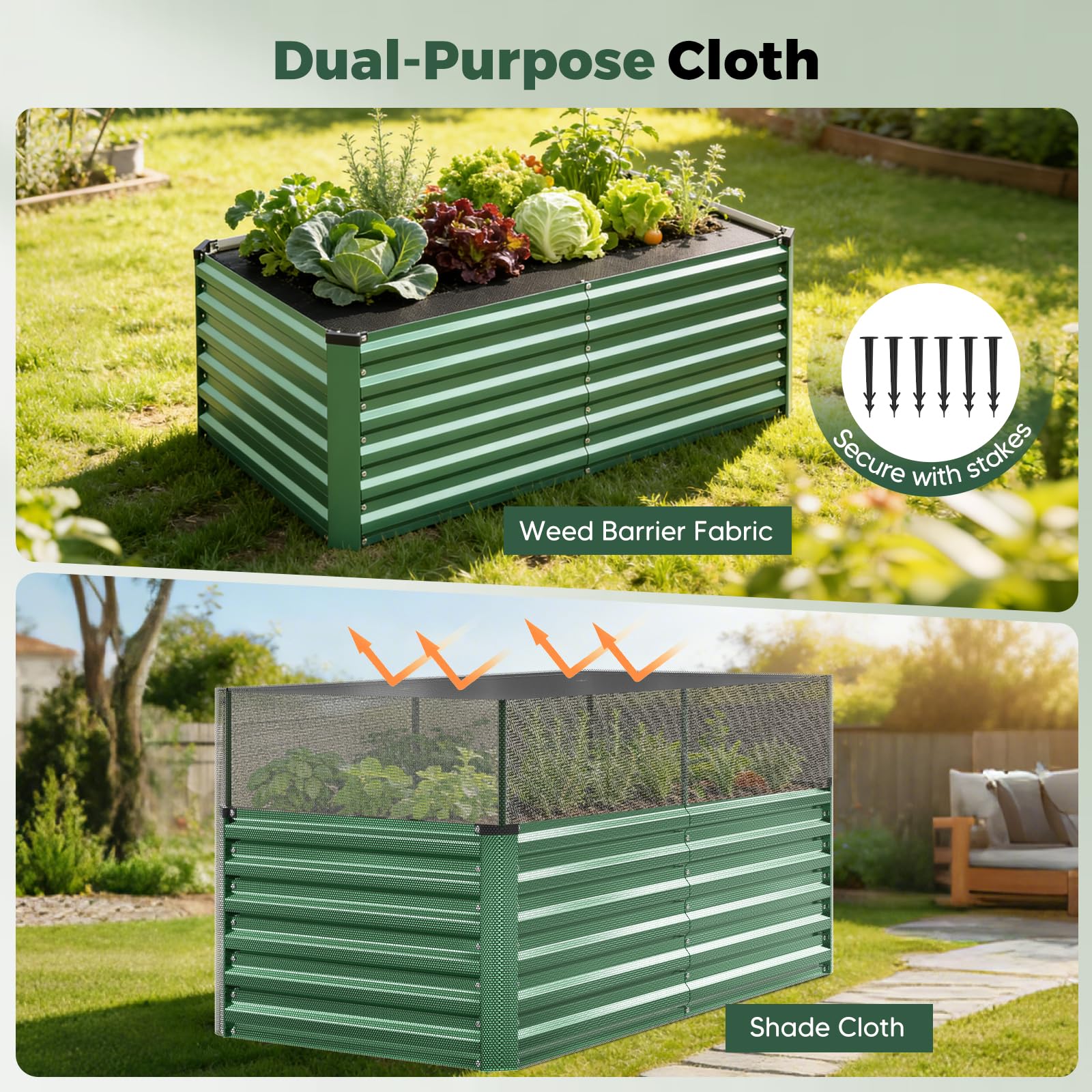 Bancal de metal para plantas, 240 x 120 x 60 cm, juego de jardinera alta para exteriores con barras de apoyo, tejido de sombra y red de protección; caja abierta de acero galvanizado para verduras