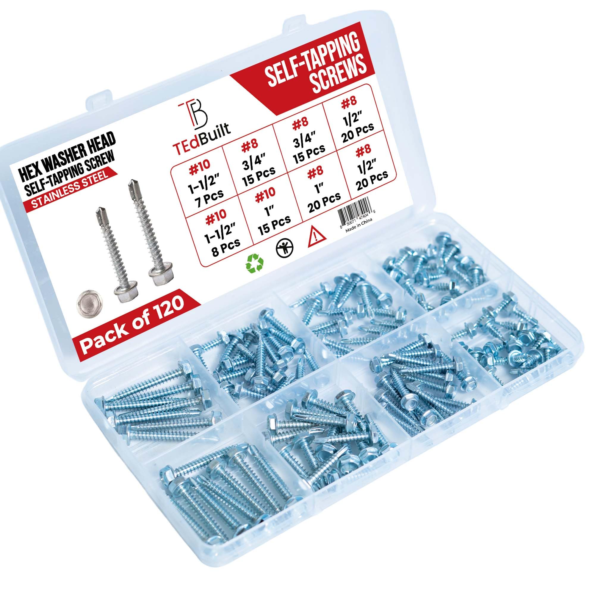 TEdBuilt Hex Head Self Tapping Screws for Metal–Stainless Steel 410 –Pack of 120(#8x1/2, #8x3/4,#8x1,#10x1,#10x1-1/2)-5 Sizes Self Drilling Screws –