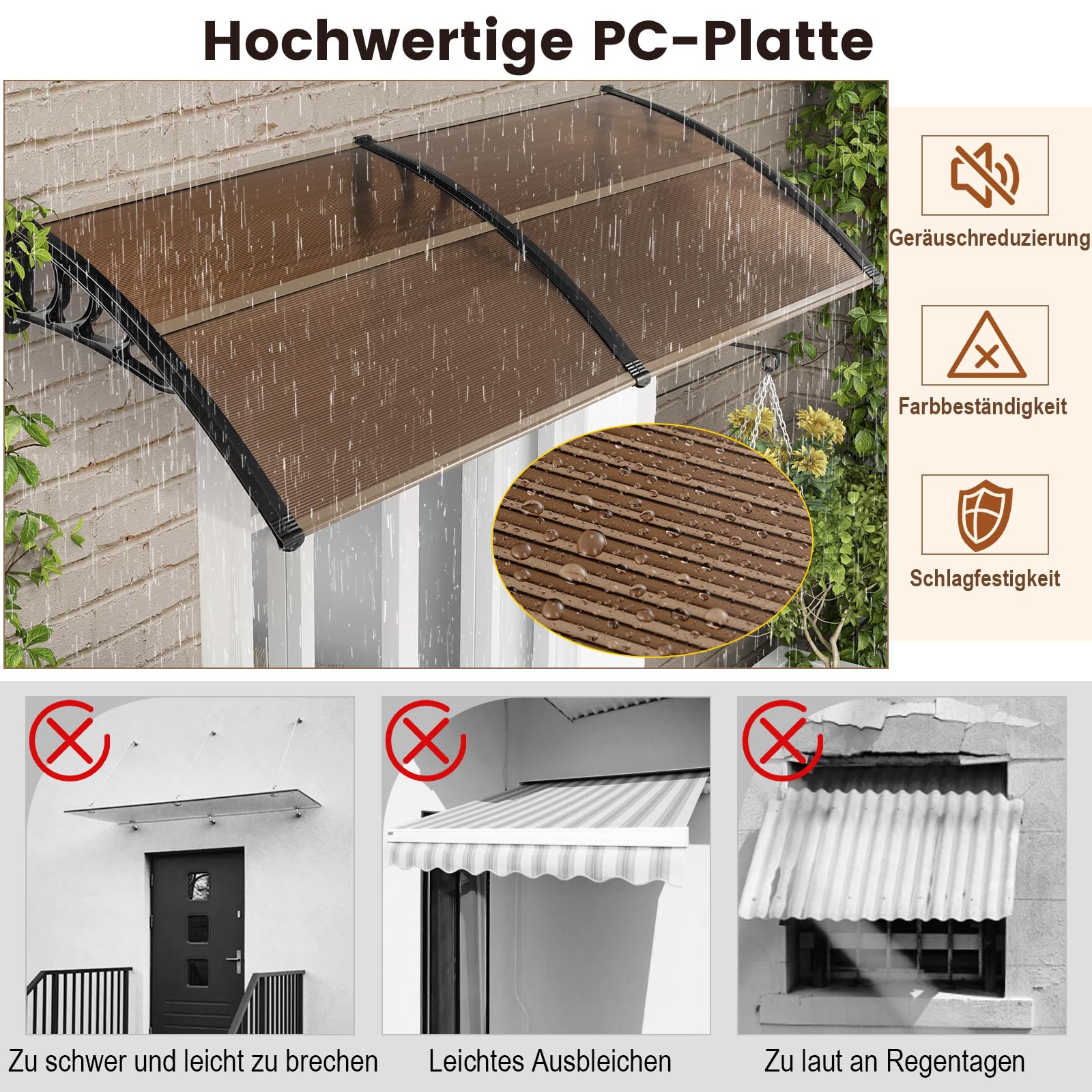 COSTWAY Zadaszenie do drzwi wejściowych 199 x 99 cm, zadaszenie z aluminium i poliwęglanu, przezroczysty daszek łukowy, daszek do drzwi wejściowych (kawowy)